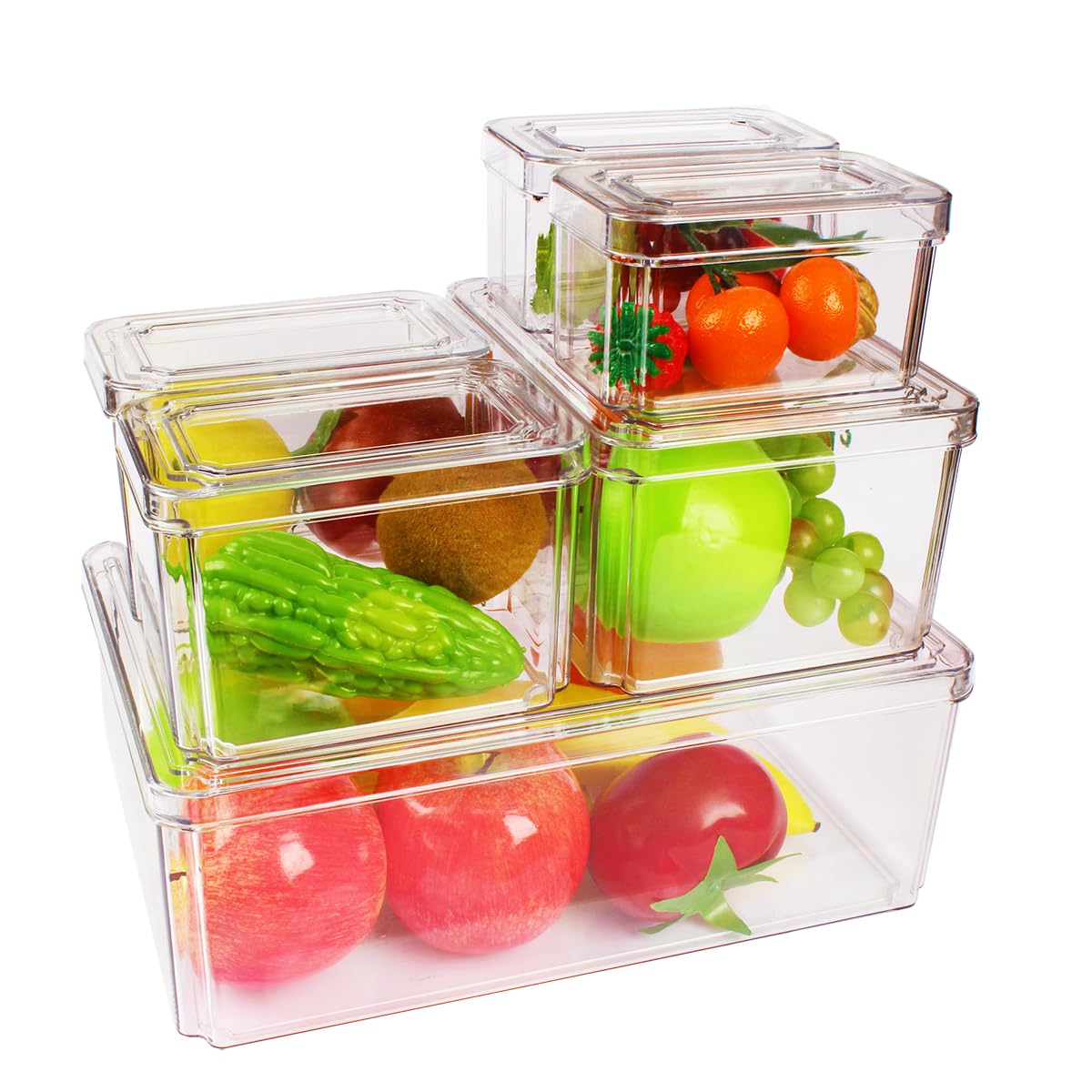 NAVACALA Set of 6 Fridge Organisers Stackable Storage Containers with Lids Clear Plastic Storage Bins for Fruits Vegetable Freezer Kitchen Pantry Cabinet Cupboard