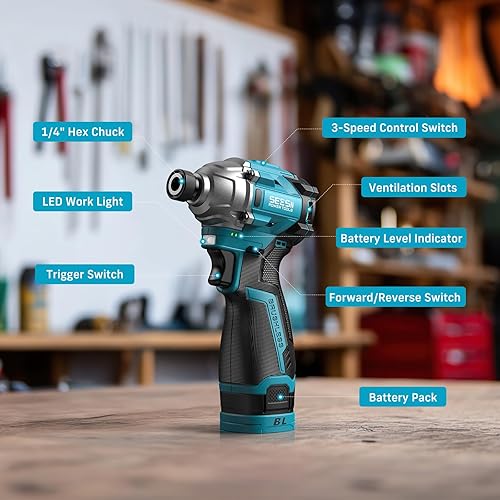 Miniatura 7 de SEESII Kit de Destornillador de Impacto de 16.8V, Juego de Destornillador de Impacto Inalámbrico Hexagonal de 1/4 pulgadas y 2×2.0Ah Baterías,