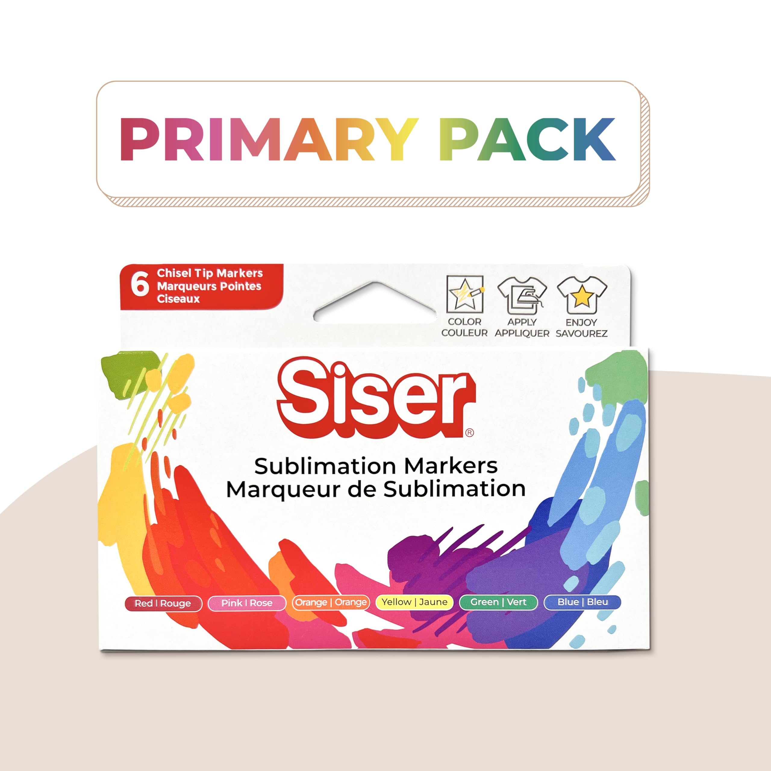 Siser Primary Pack Sublimatiestiften - Set van 6 viltstiften met ronde punt, fijn en wigvormige punt. Veelzijdig inzetbaar en compatibel met de plotters Siser Juliet en Romeo via de meegeleverde