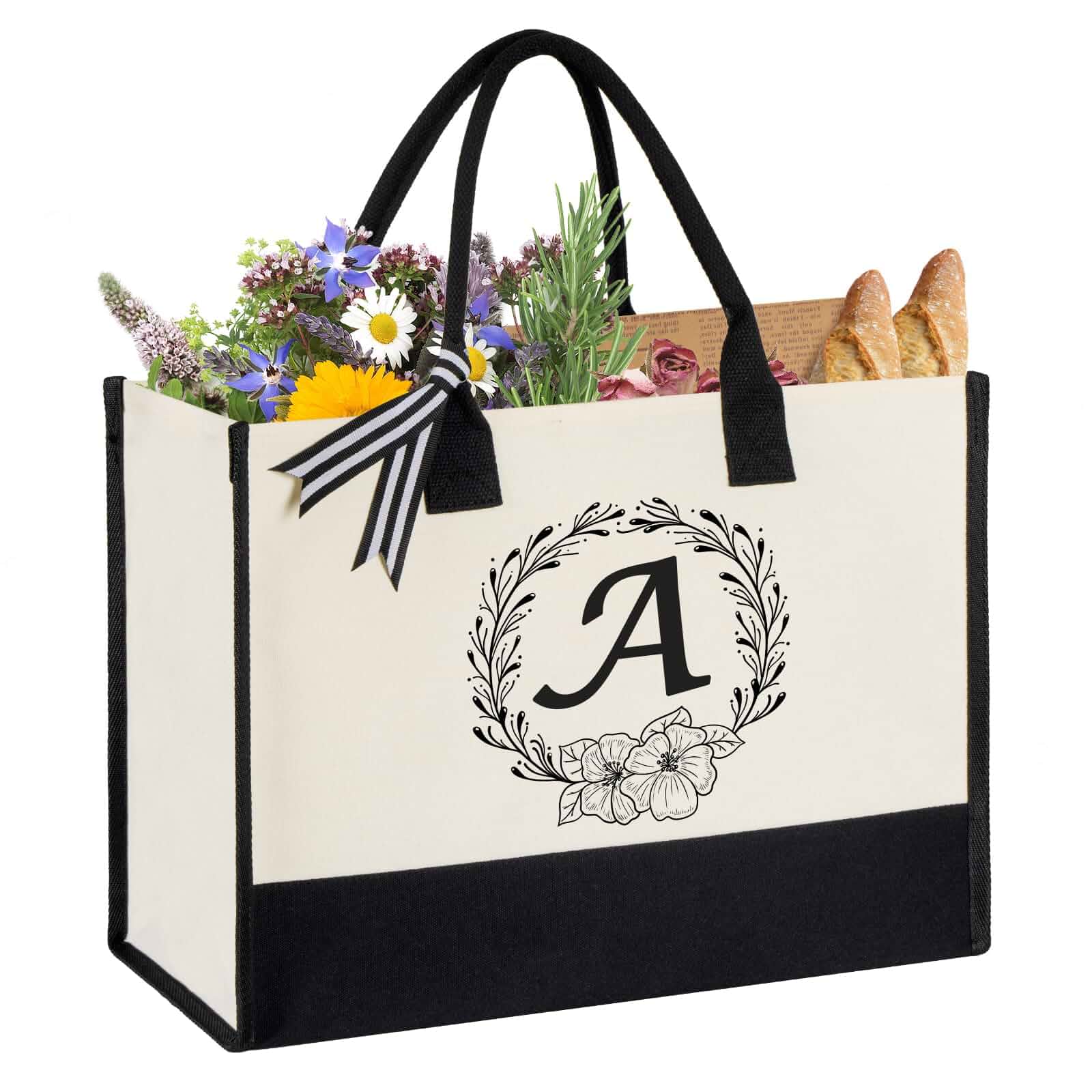 Personalized Initial Canvas Tote Bag, Beach Bags for Women, Gift for Mom Monogrammed Birthday Gifts, Wedding Gift, for Mom, Wife, Teachers, Friends, Nurse, Bride, Lightweight Shoulder Travel Bag