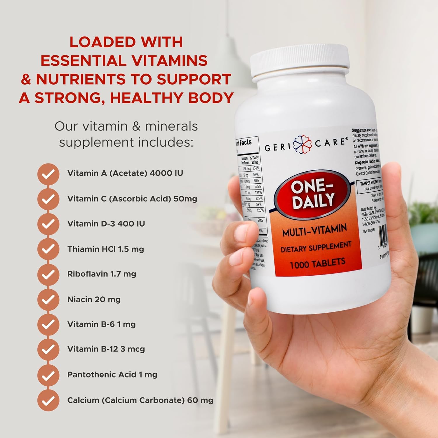 GeriCare One-Daily Multi-Vitamin Tablet, 1000 Count Adult Multivitamin Supplement for Men & Women | Easy-to-Take Dietary Supplement with Vitamins A, C, D3, B, Calcium| Vitamin & Mineral Complex