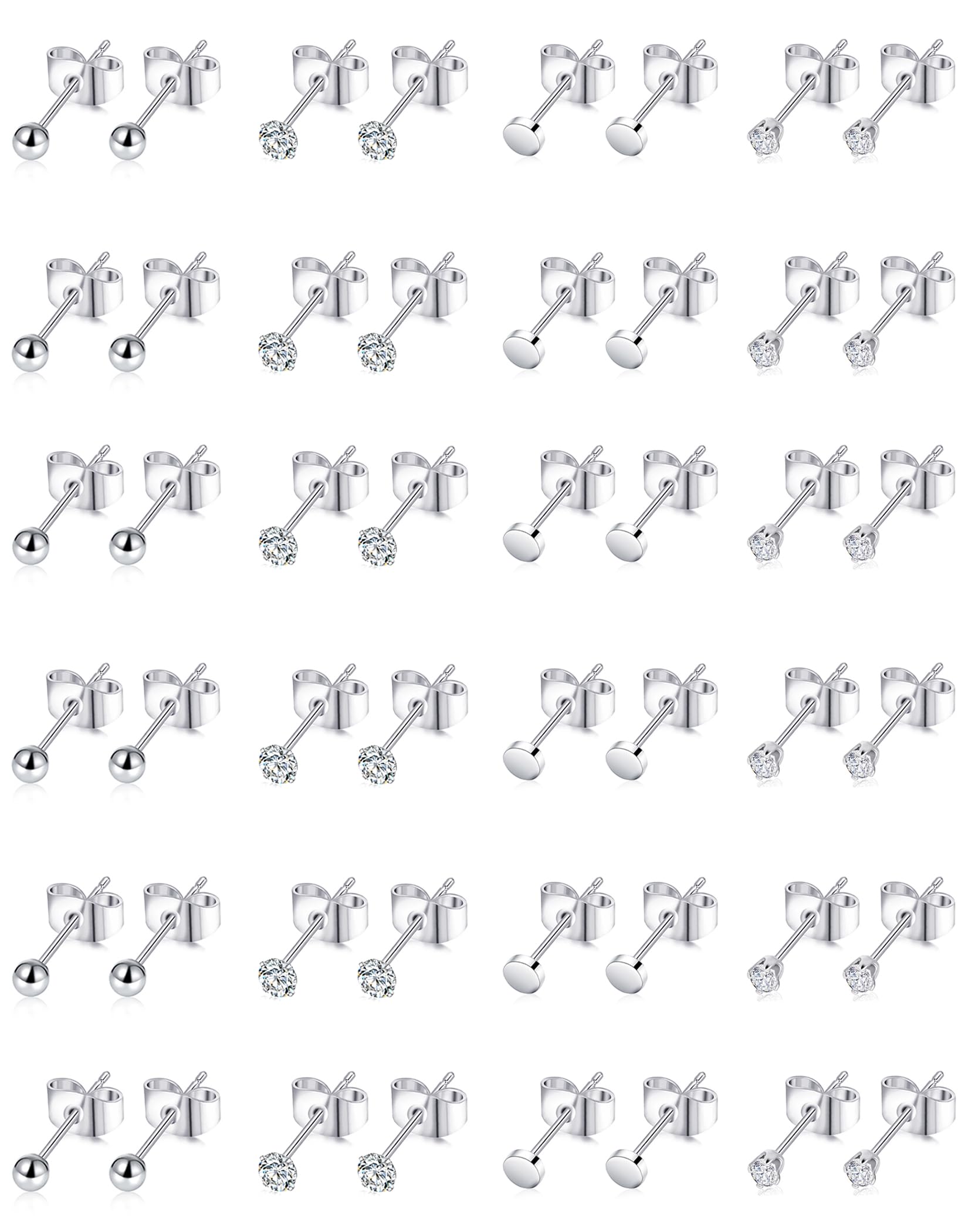 Tornito 24 Pairs Tiny Stud Earrings Stainless Steel Cubic Zirconia Ball Dot Small Cartilage Stud Earrings Set For Women Men Comfy Screw Flat Back For