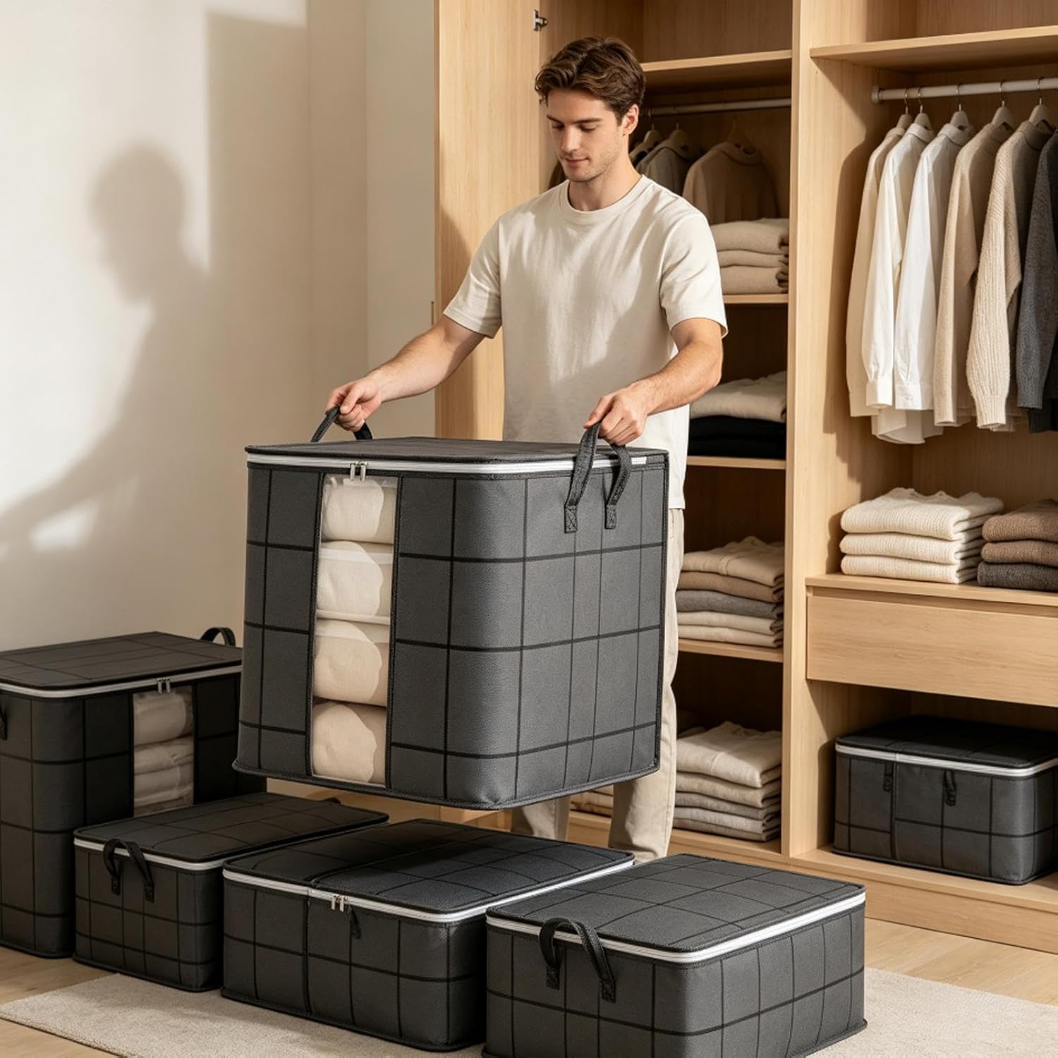 Moving Bins, Foldable Clothes Storage Organizer with Reinforced Handles | Clothes Storage Organizer for Closet Bedroom Dorm Clothing Bedding Sweaters Comforter Home Moving Bins, Foldable Clothes