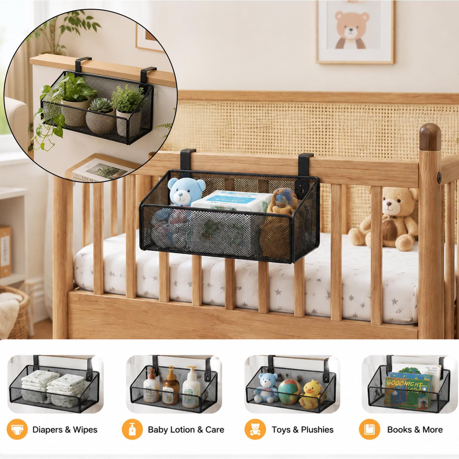 Zubebe 2 Stück Nachttischregal für Bett mit 10 Paar Haken, Etagenbett-Regal für oberes Etagenbett, Nachttisch, Caddy, hängende Aufbewahrungskorb, Büro, Schreibtisch