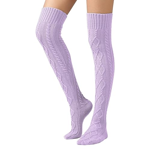 SherryDC Women's Cable Knit Thigh High Boot Socks Extra Long Winter Stockings Leg Warmers - One Size - Light Purple
