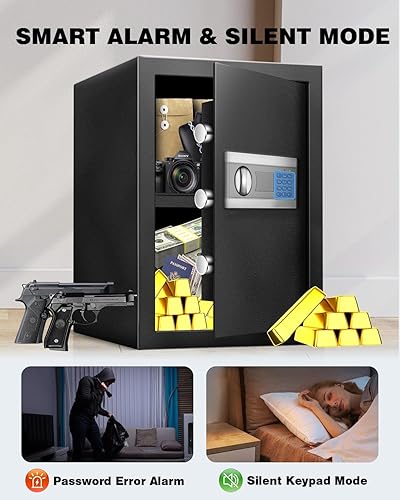 Miniatura 4 de Caja fuerte digital para el hogar de 2.5 pies cúbicos con alarma, luz LED y teclado silencioso, caja de seguridad grande con estante ajustable para