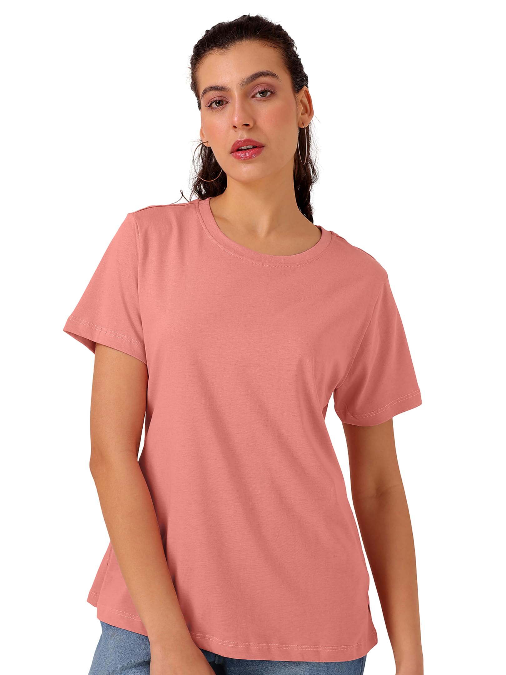 Women Pure Cotton T-Shirt | 180 GSM Bio Wash Single Jersey Fabric | Rib Fabric Round Nack | Side Slit & Short Sleeves | Casual Office Wear | 10 Vibrant Color | S | M | L | XL | XXL-picture-19