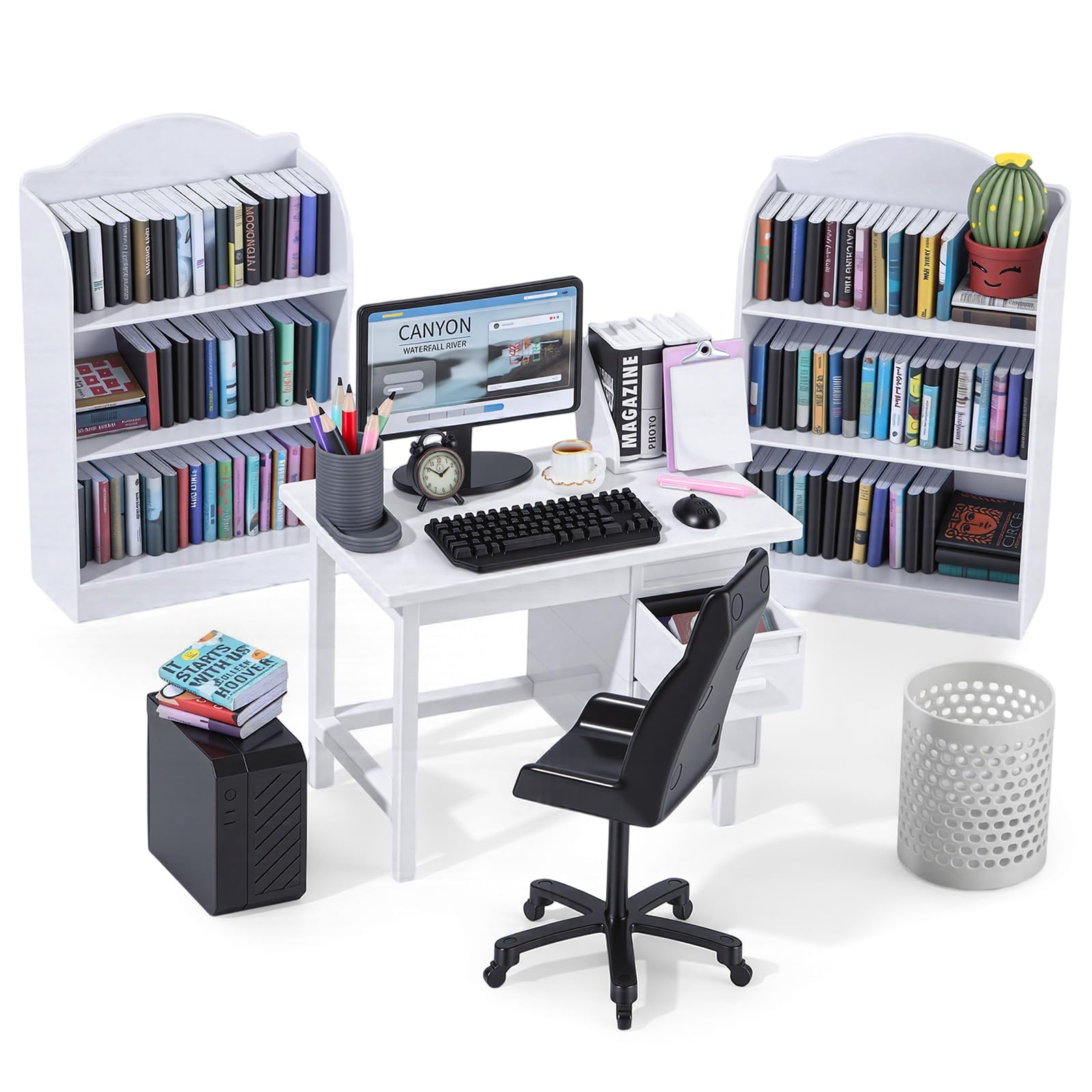 Photo 1 of 1:12 Scale Mini Desk Set with 100 Mini Books & 2 Bookshelves — Miniature Dollhouse Furniture Set with Office Chair, Computer & 15+ Accessories — Mini Desk Accessories for Doll House Diorama