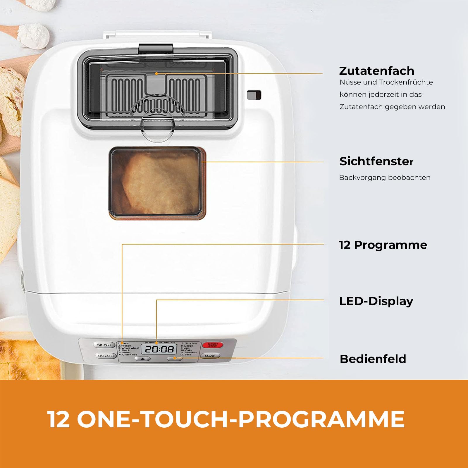Kitchen in the box Brotbackautomat mit 12-in-1 Programmen, 2 Brotgrößen, 900g, Brotbackmaschine mit 13h Timer, Zutatenspender & Antihaft-Backform, Weiß