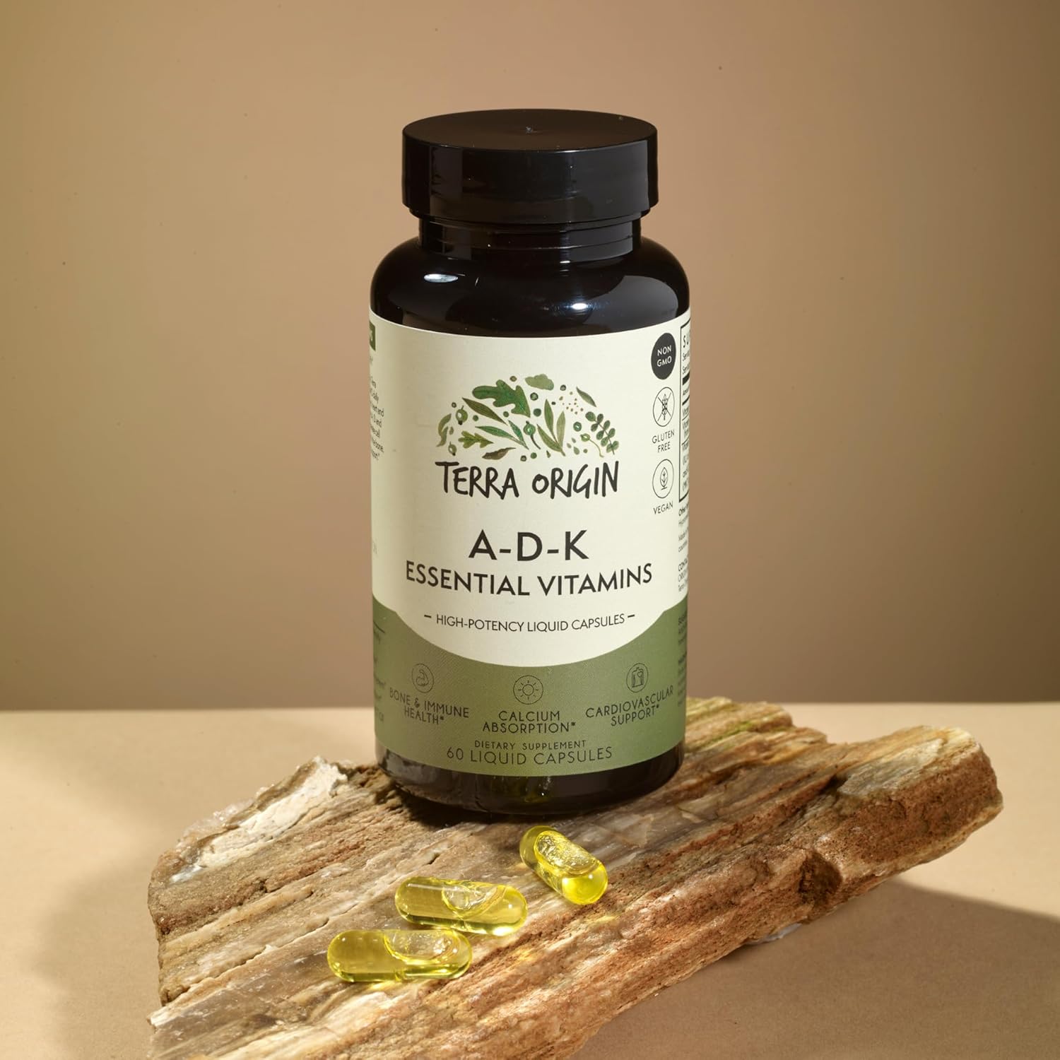 TERRA ORIGIN ADK Essential Vitamin Supplement | 60 Liquid Capsules | High Potency Vitamin A, D 5000 IU, K1 and K2 | Non GMO, Gluten Free, Vegan, Made in USA