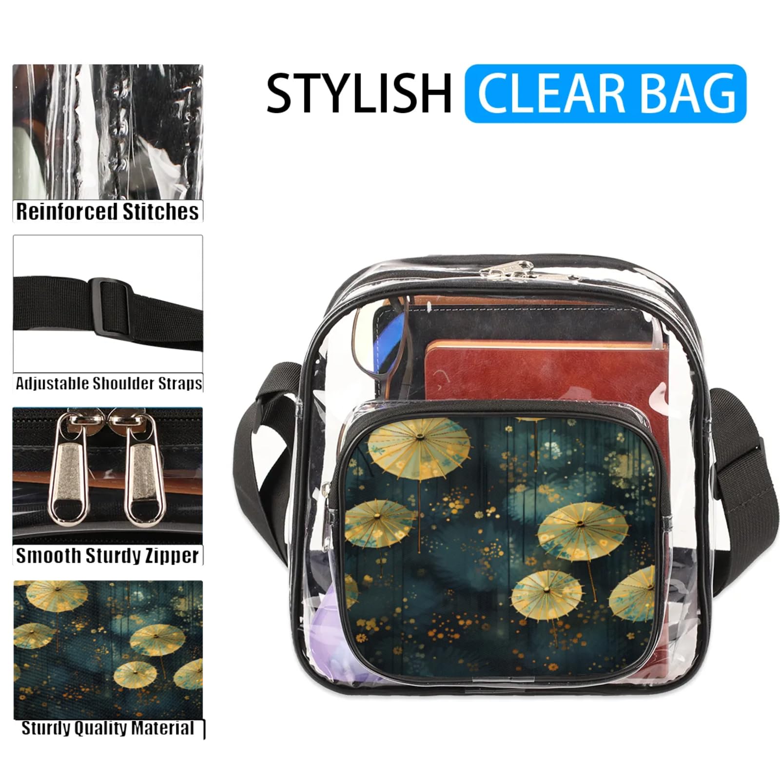 Clear Crossbody Bag Stadium Approved Japanese Umbrella Transparent Bag for Festivals, Sports Events, Concerts,Beach Bag for Women Men Clear Purse with Front Pocket Messenger Bag with Adjustable Strap