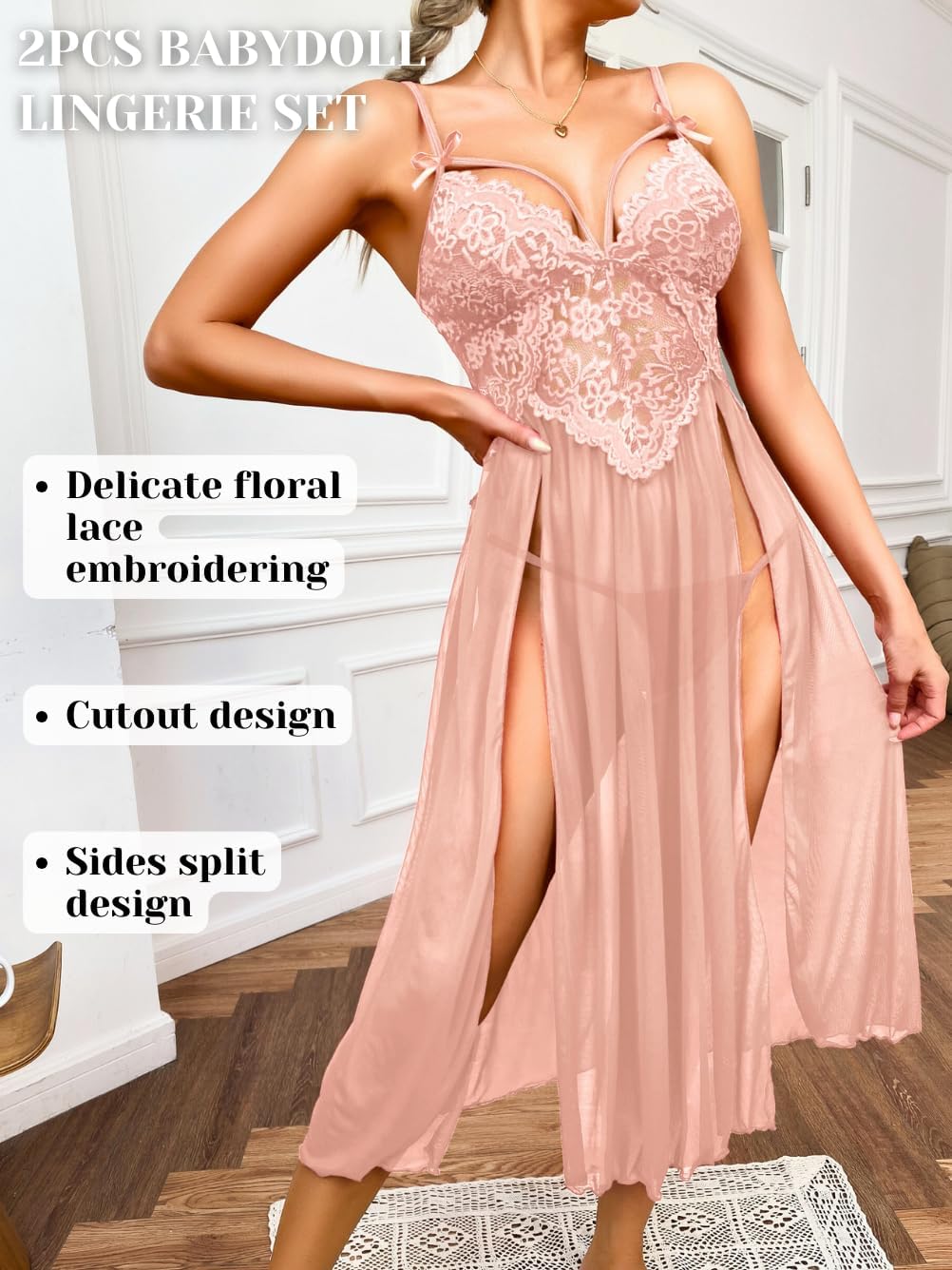 Womens Sexy Long Nightgowns, Floral Lace Flowy High Slit Exotic Lingerie Dress, Sheer Mesh G String Babydoll Boudoir - Image 2