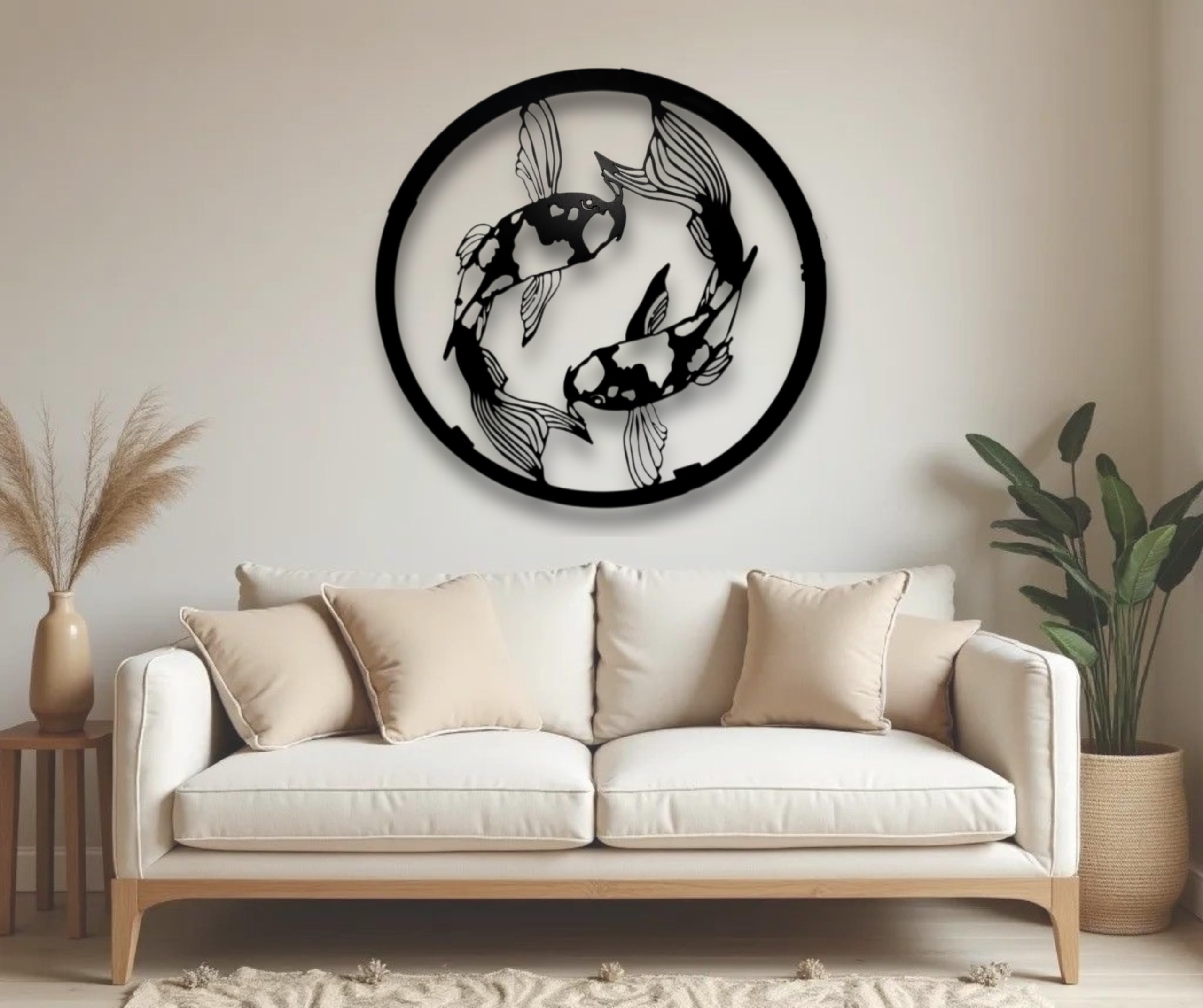 MEET DECOR Koi Fish Metal Wall Art, Round Black Frame, Modern Home Decor