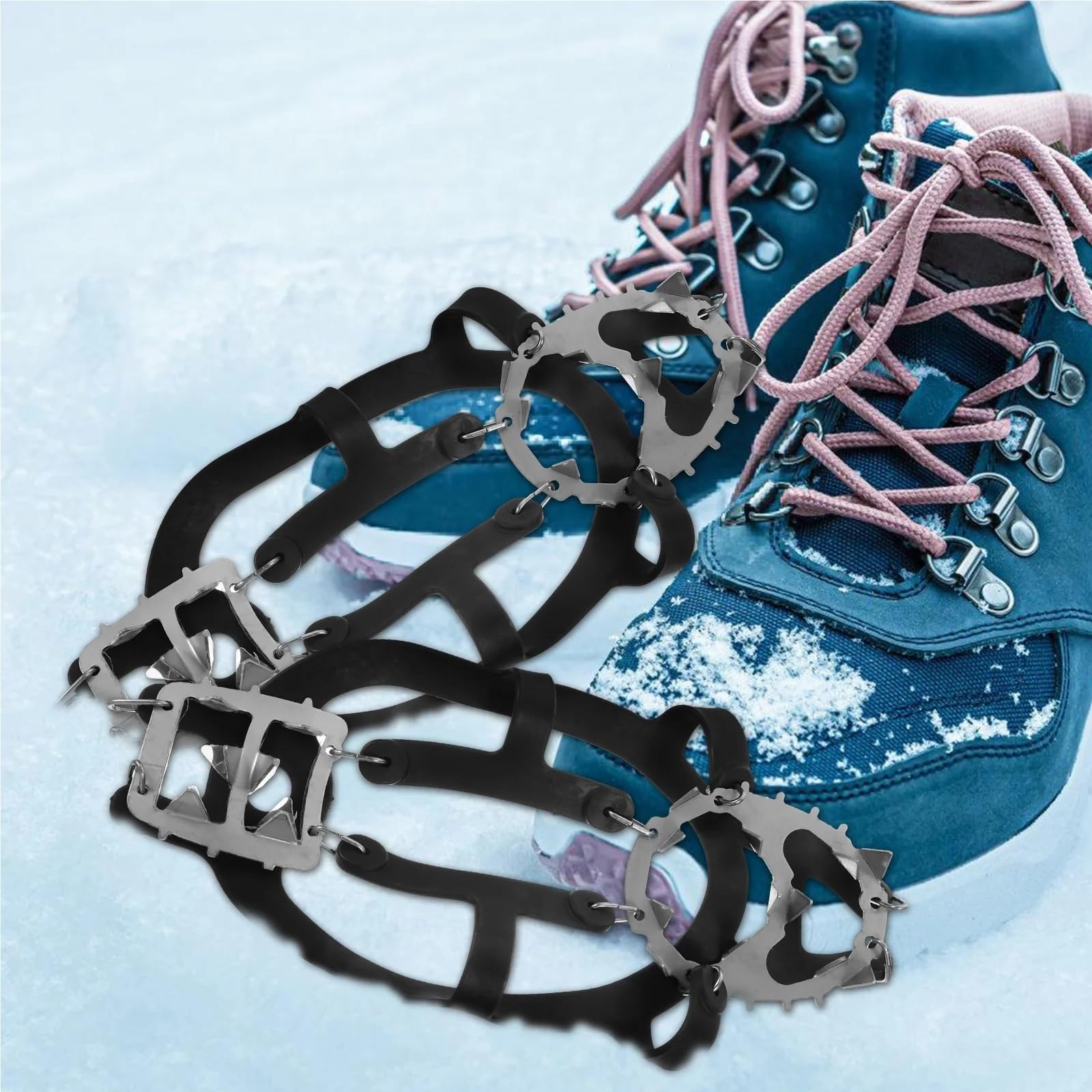 Grödel Stainless Steel Crampons 18 Teeth Design Anti Skid Lightweight Portable Ice Cleats for Outdoor Winter Shoes TPR Strap für Winterwanderungen