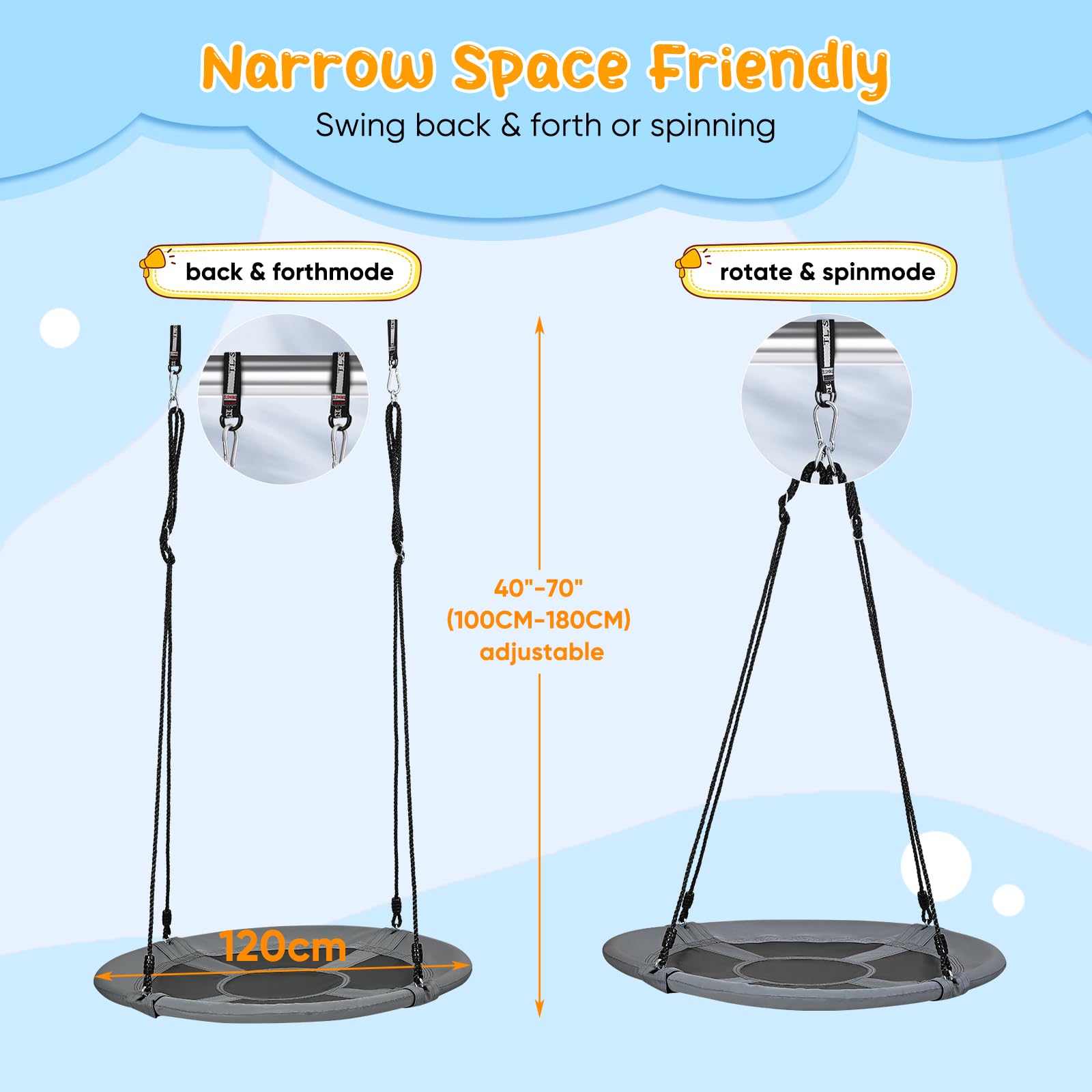 Columpio nido de 120 cm de diámetro, columpio ajustable en altura, para exterior e interior, soporta hasta 120 kg
