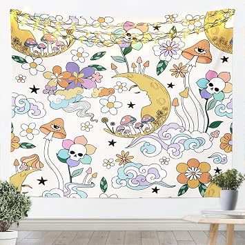 Trippy Mushroom Tapestry,Daisy Floral Moon Cloud Wall Hanging Art,Groovy Hippie Style Wall Decor Tapestries,Kids Girls Boys Teens Colorful Boho Living Room Bedroom Decor,59.1x82.7