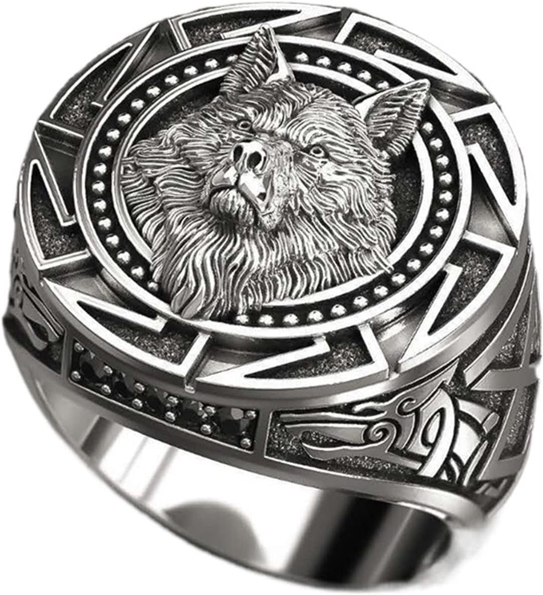 F FABOBJECTS® Mens Wedding Bands, Wolf Totem Thai Silver Ring Myth Viking Warrior Wolf Head Men's Ring