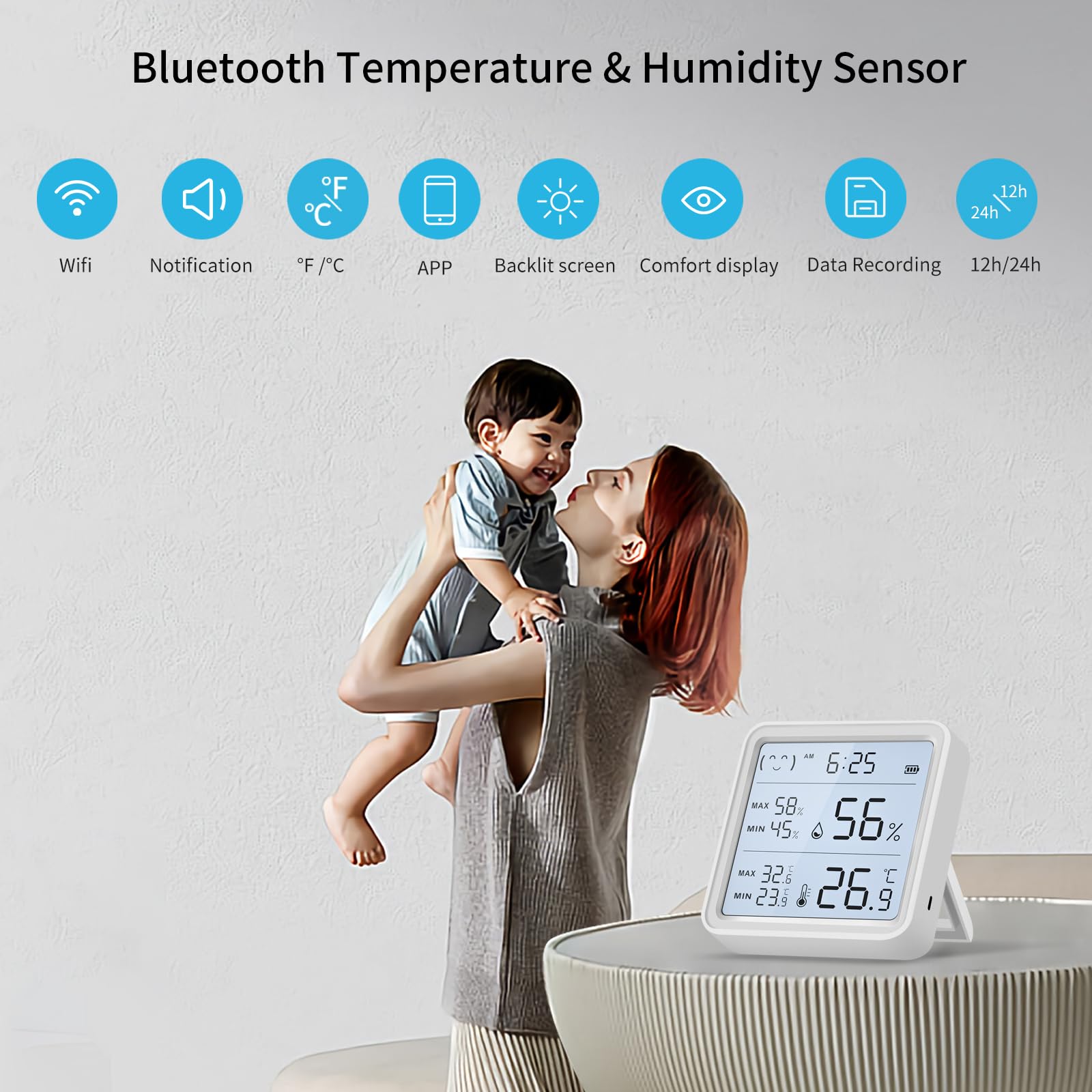 WiFi Thermometer Hygrometer Innen, Tuya Raumthermometer wlan Temperatursensor mit Smart App und Datenaufzeichnung, für Babyzimmer, Gewächshauszubehör, Garage（8CM*8CM）