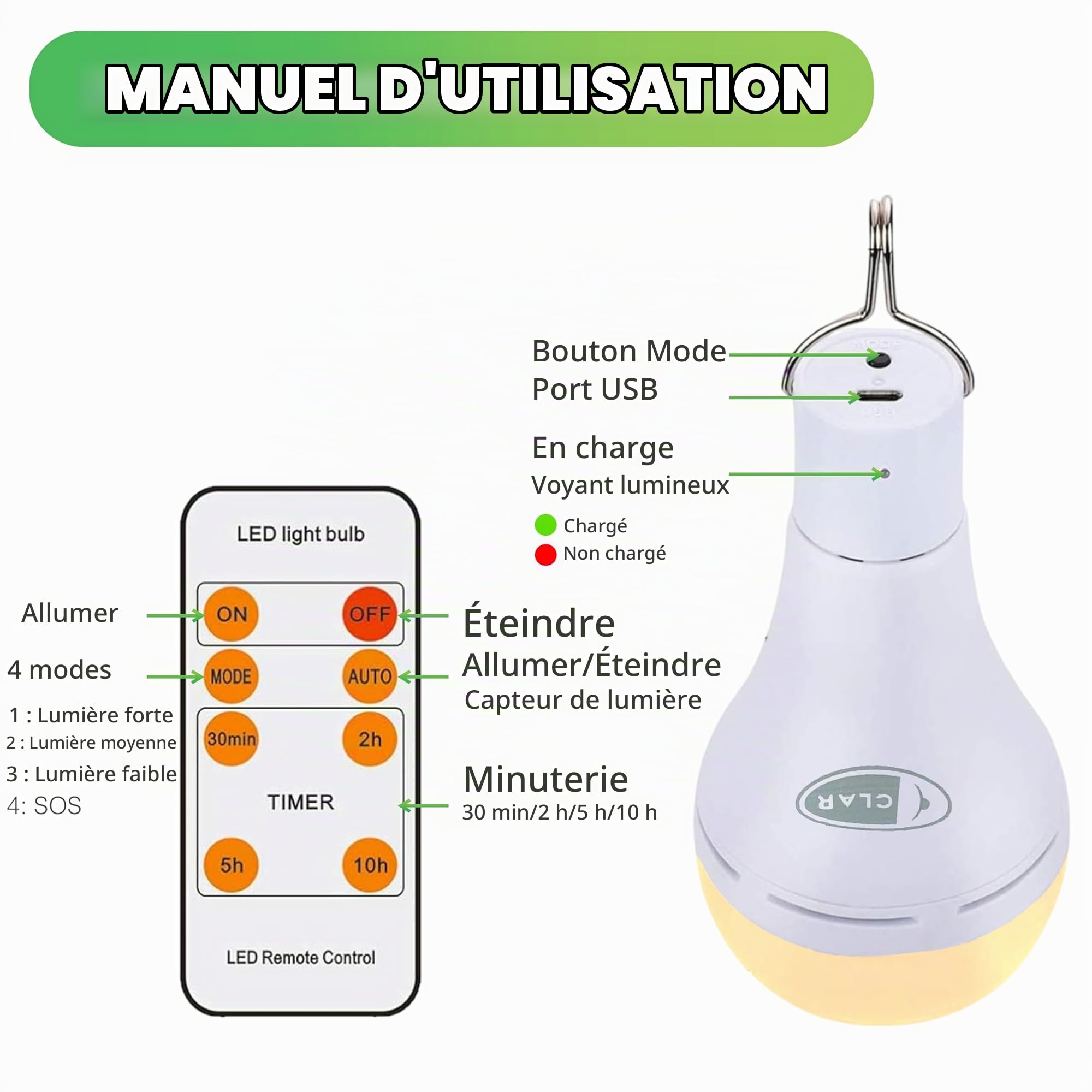 CLAR - Ampoule LED E27 Rechargeable Avec Télécommande, Sans Fil, 9W, Blanc Chaud (3000ºk) (Pack 3)
