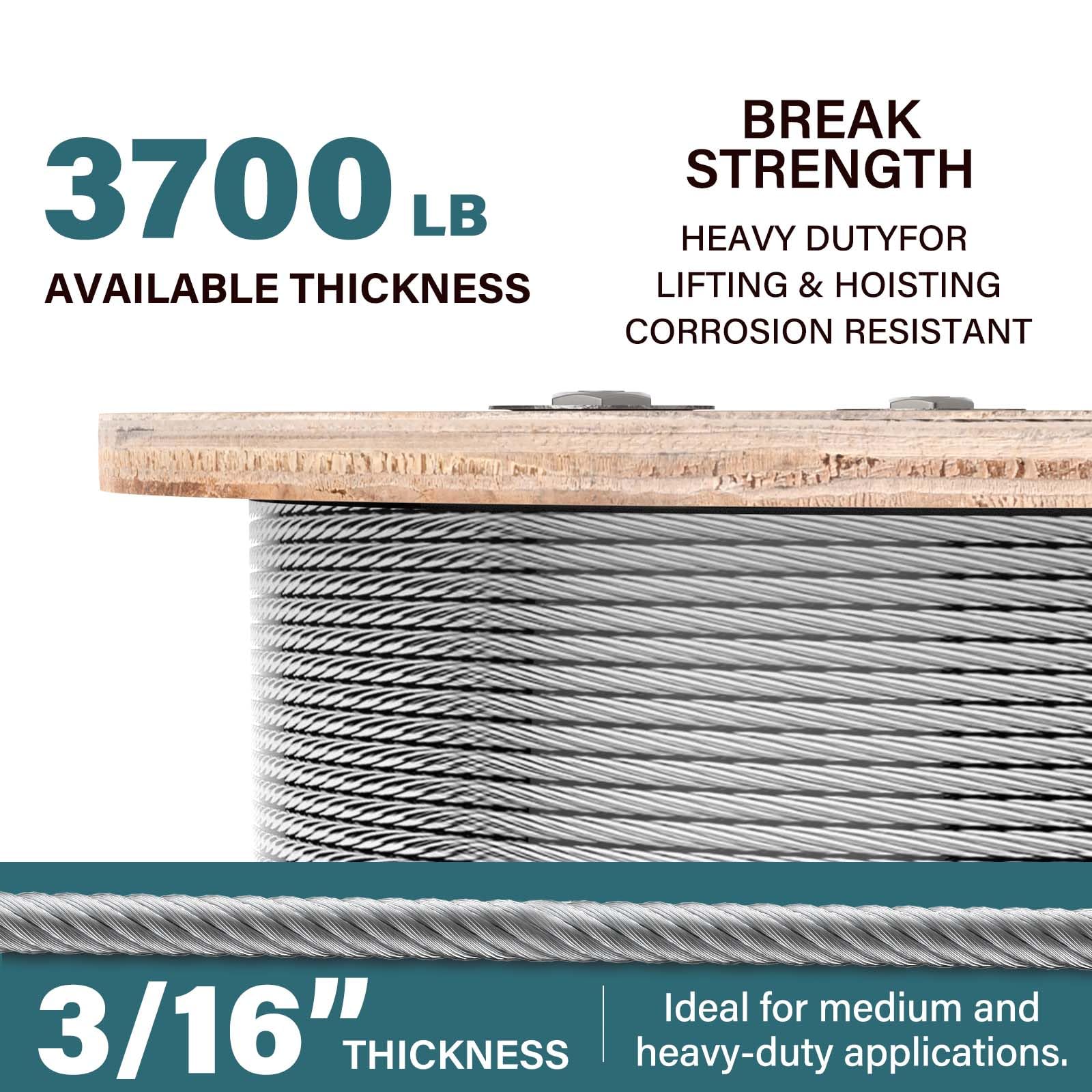 3/16 Wire Rope, 500ft 3/16 Stainless Steel Cable Wire, 7X19 Strand Aircraft Cable Wire Rope Kit, 3700lbs Breaking Strength 3/16 Steel Cable with 3/16 Cable Clamps,Thimble for Deck Railing Shade Sails