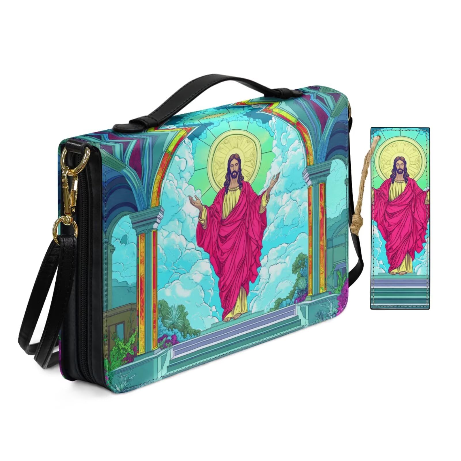 PU Leather Adjustable Shoulder Strap Bible Bags for Women Stained Glass Art Palace Jesus Bible Case with Bookmark Crossbody Handle Green Book Case Pockets Zippered Church Bag