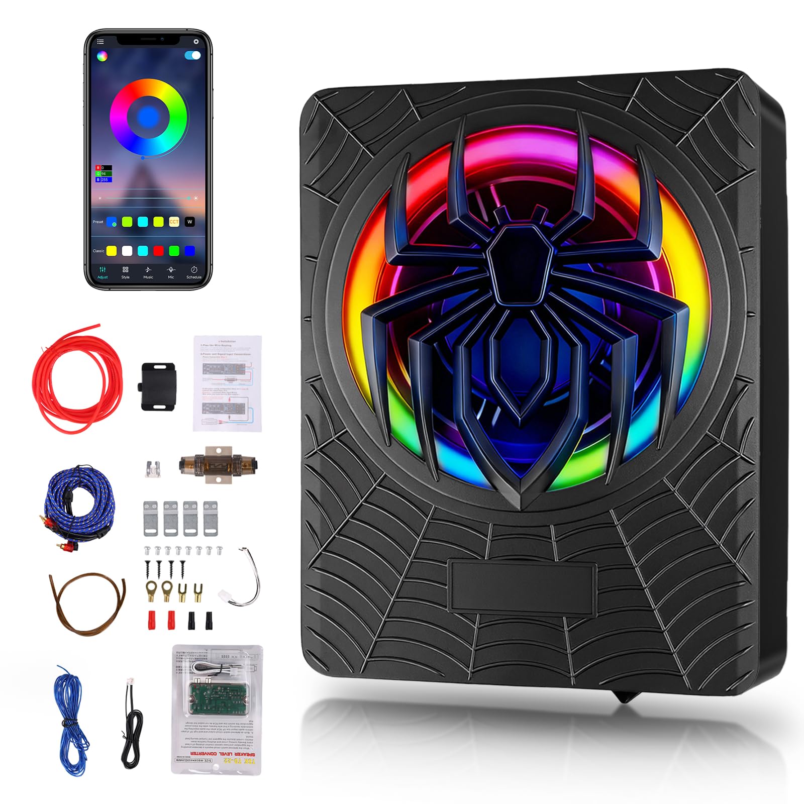 Hodozzy 1200W Subwoofer Activo para Coche 10 Pulgadas,Conjunto de Subwoofer y Amplificador Ultraplano de Alta Potencia para Debajo del Asiento con Luz RGB Sincronizada con el Ritmo,Patrón de araña