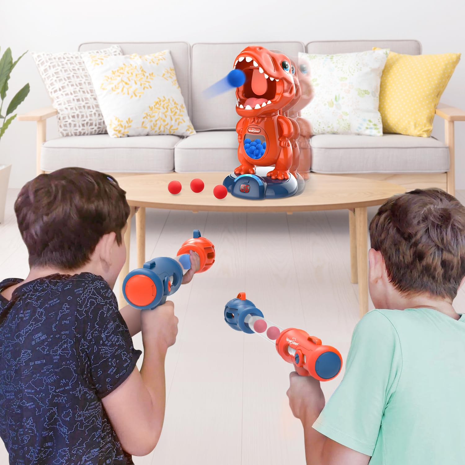 Juguete de dinosaurio móvil para disparar, 2 pistolas de bomba de aire, puntuación, pantalla LED, sonido, 48 pelotas de espuma, blanco electrónico, regalo para niños y niñas 7