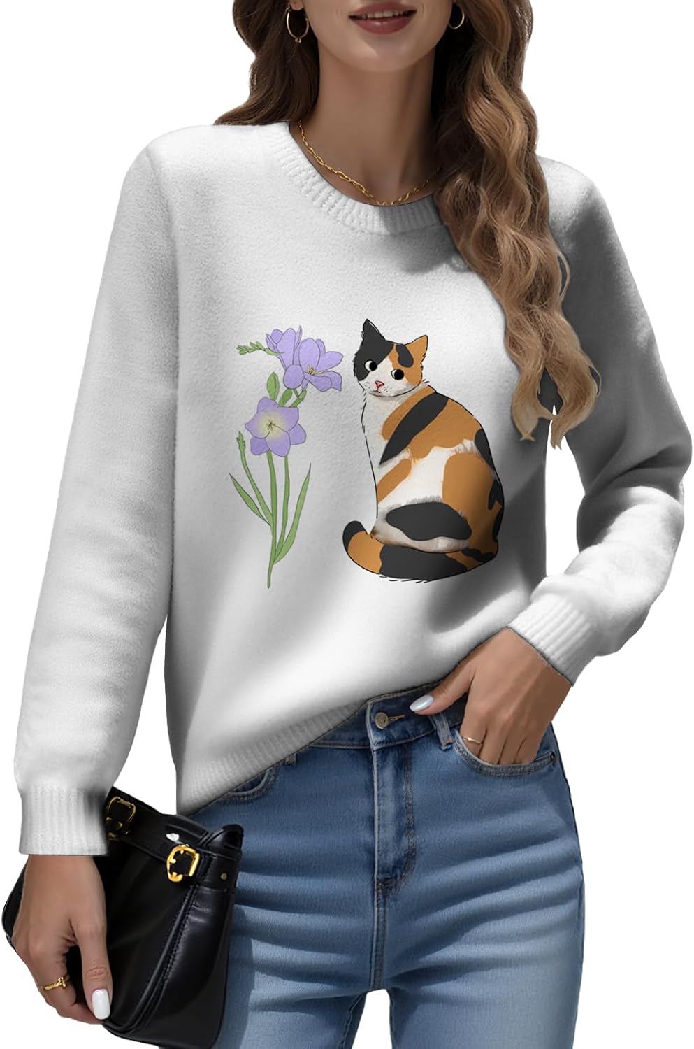 LIZALIG Womens Long Sleeve Print Pullover Sweater Round Neck Relaxed Fit Soft Comfortable Chic Fall Fashion Trendy