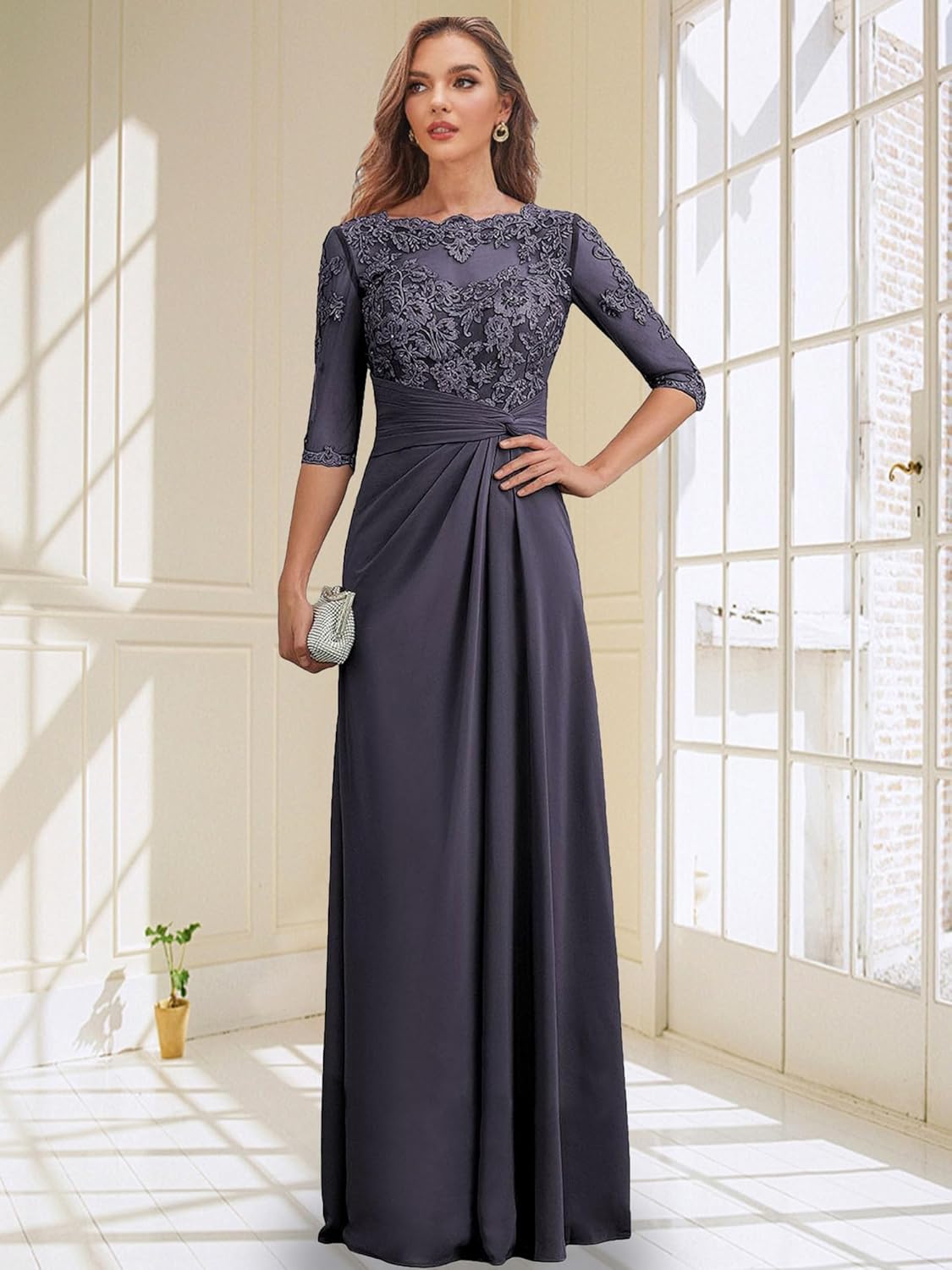 Mother of The Bride Dresses Long Chiffon Lace Wedding Guest Dresses for Women Ruched Formal Evening Gown Prom Dress - Image 3