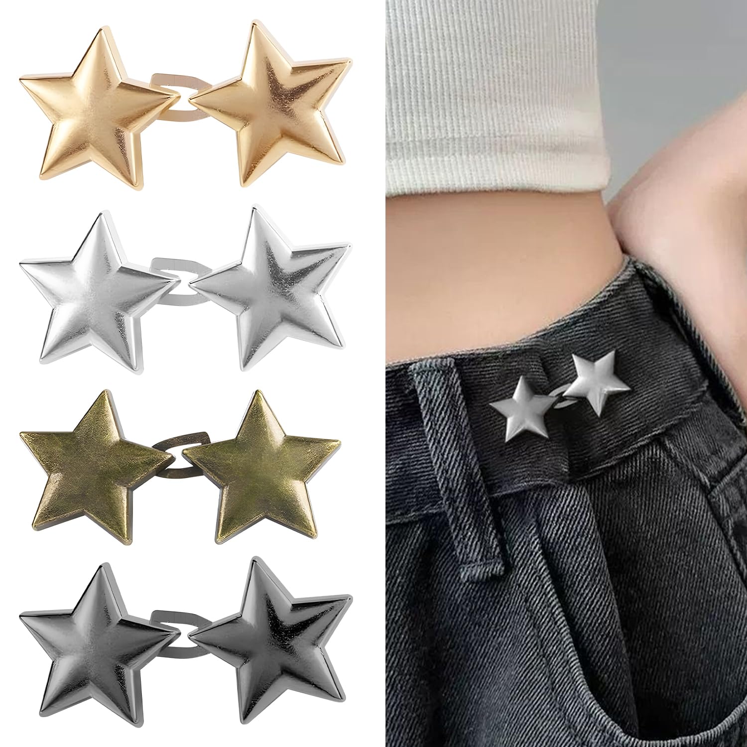 4 Pares de Clips Ajustadores de Cintura, Clips para Pantalones para Ajustar la Cintura. Ajustable con Estrellas, Sin Costura. Accesorios para Jeans, Faldas y Mangas Holgadas (4 Colores)