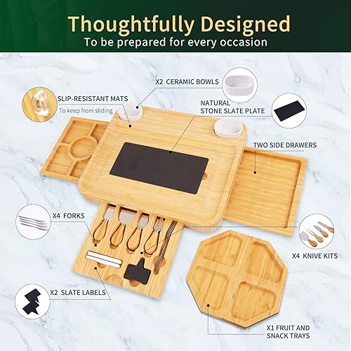Miniatura 2 de Juego de tabla de queso grande para charcutería y cuchillos, 3 cajones de cocina charcutería y bandeja grande para servir, inauguración de la casa,