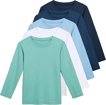 HIFHAF 5 Pack Toddlers Boys Long Sleeve Tees Soft Cotton Crewneck Basic Long-Sleeve T-Shirts Top
