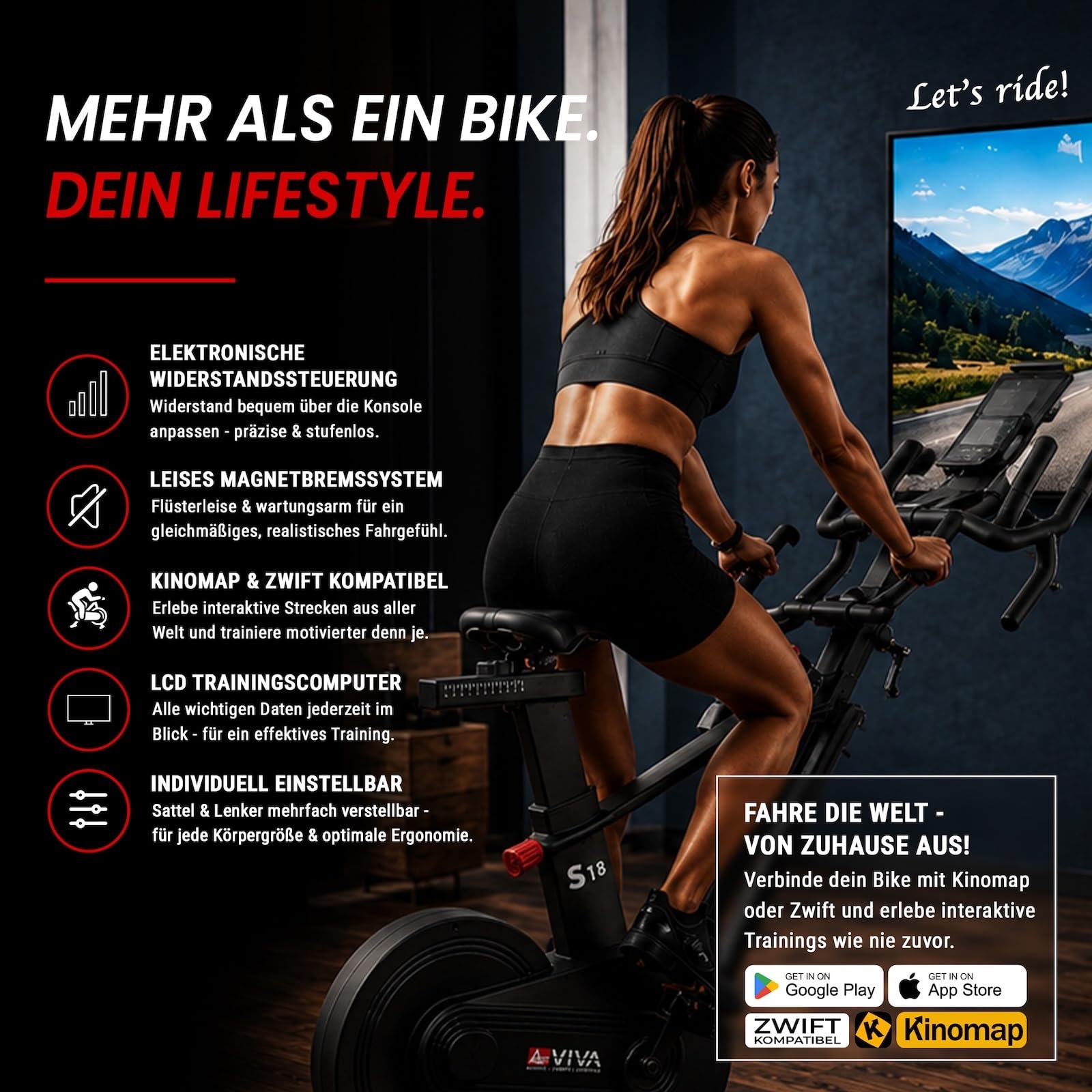 AsVIVA S18 Pro Speedbike – Indoor Cycle Heimtrainer mit 24 Gängen &18 kg Schwungmasse, leiser Riemenantrieb, Bluetooth Kinomap & Zwift, LCD Display