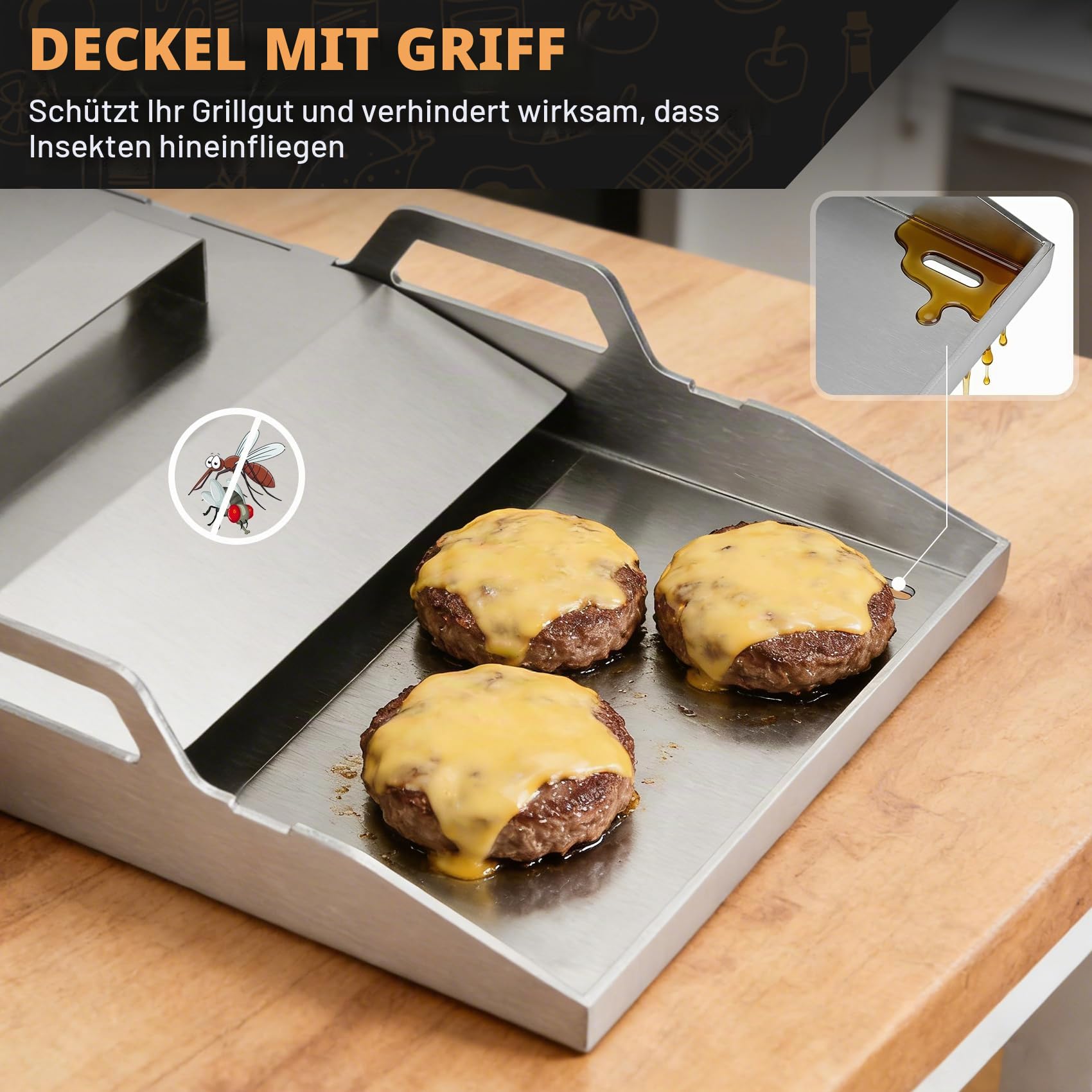 Onlyfire Grillplatte aus 4mm Edelstahl, Plancha mit Deckel und Grillspachtel Set, Grill Platte 40x30cm, Universal Grillpfanne, Passend für Gasgrill, Kohlegrill, Camping