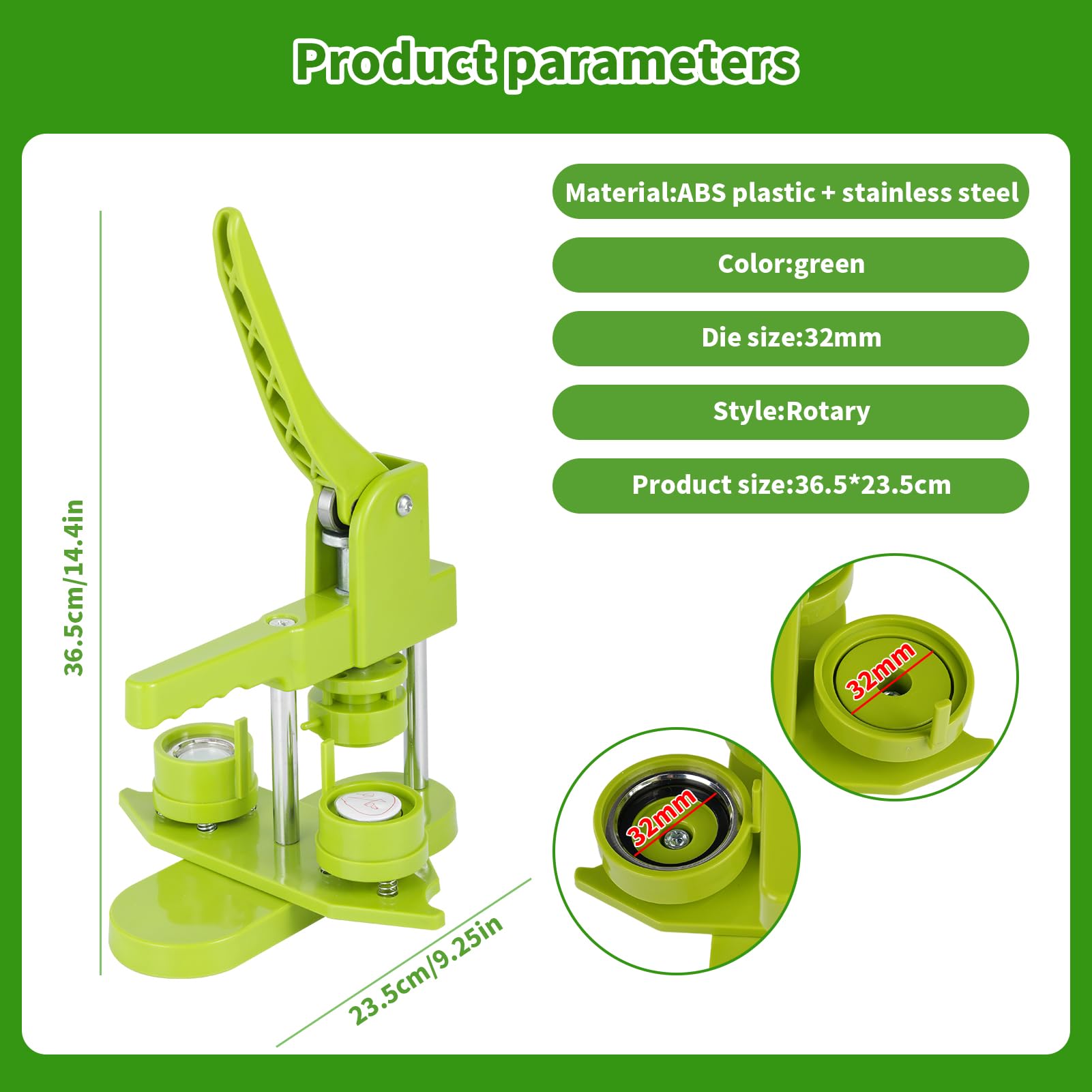 Maszyna do wyciskania plakietek, Maszyna do guzików, ze 100 guzikami/obrazkami i nożem do wycinania kółek dla postaci dla ludzi, dzieci DIY Gift Pin Maker (zielona, 32 mm)
