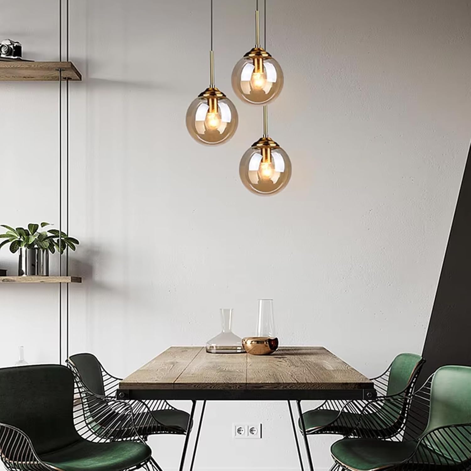Lampadario industriale vintage in ottone a 3 luci Trasparente/Grigio fumé/Ambra Lampada a sospensione a sfera in vetro Cluster E27 Lampada a sospensione per soggiorno con isola cucina
