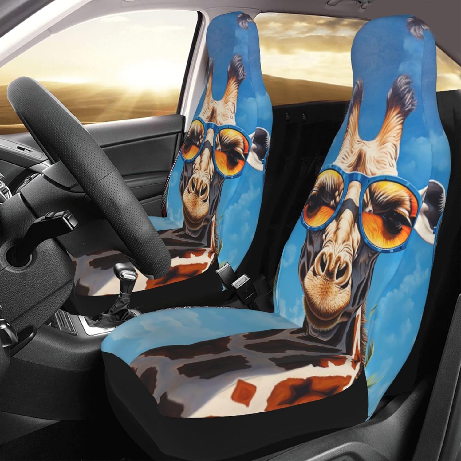 Universal Giraffe with Sunglasses Printed car seat Covers are Suitable for Most Seats in Trucks, Vans, and Other Similar Vehicles.