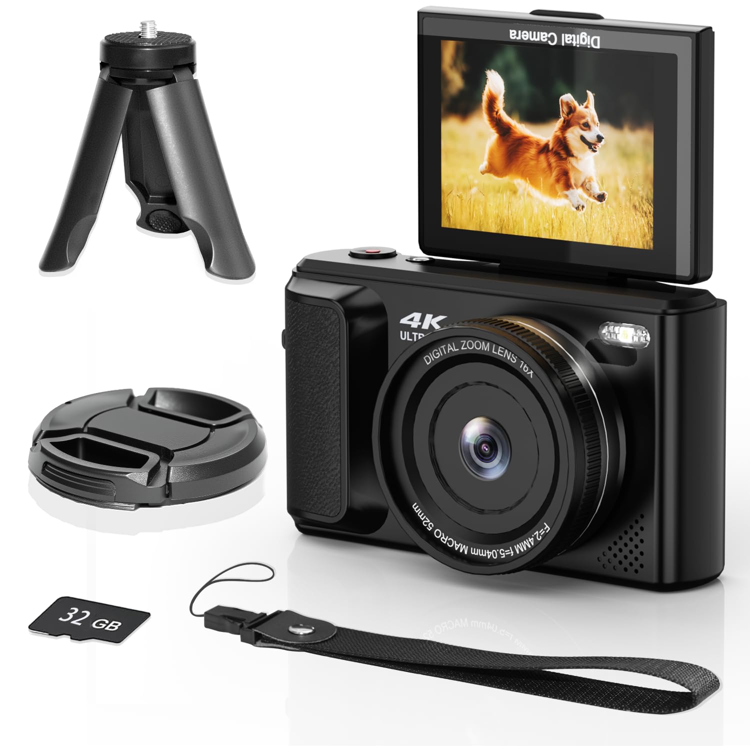 ARNSSIEN Aparat cyfrowy 4K z obrotowym ekranem 180°, kompaktowy aparat 2,8 cala z zoomem 16X, wygodny design podróżny, wbudowana bateria 1500mAh do 2-godzinnego nagrywania, Y1