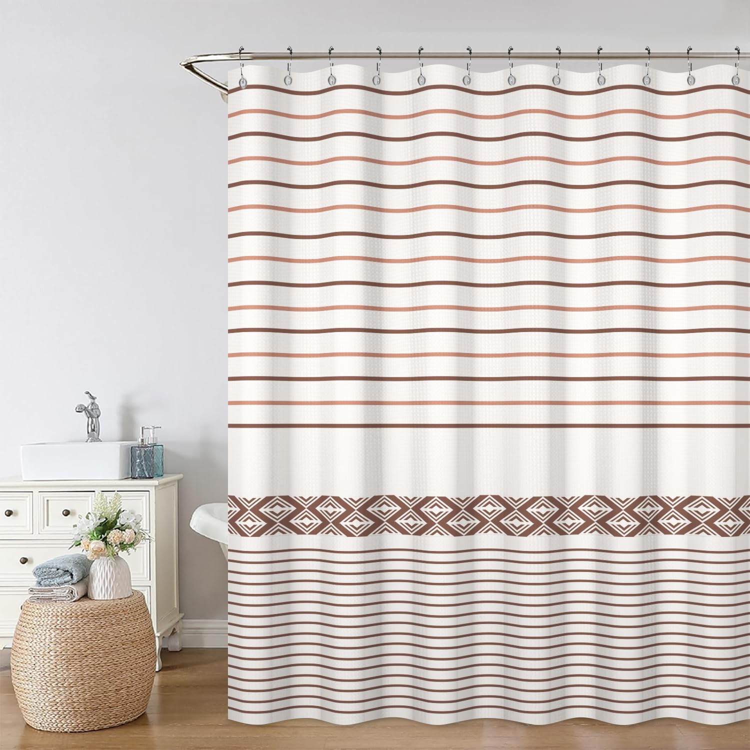 Rideau de douche imperméable et anti-éclaboussures en tissu gaufré à rayures marron