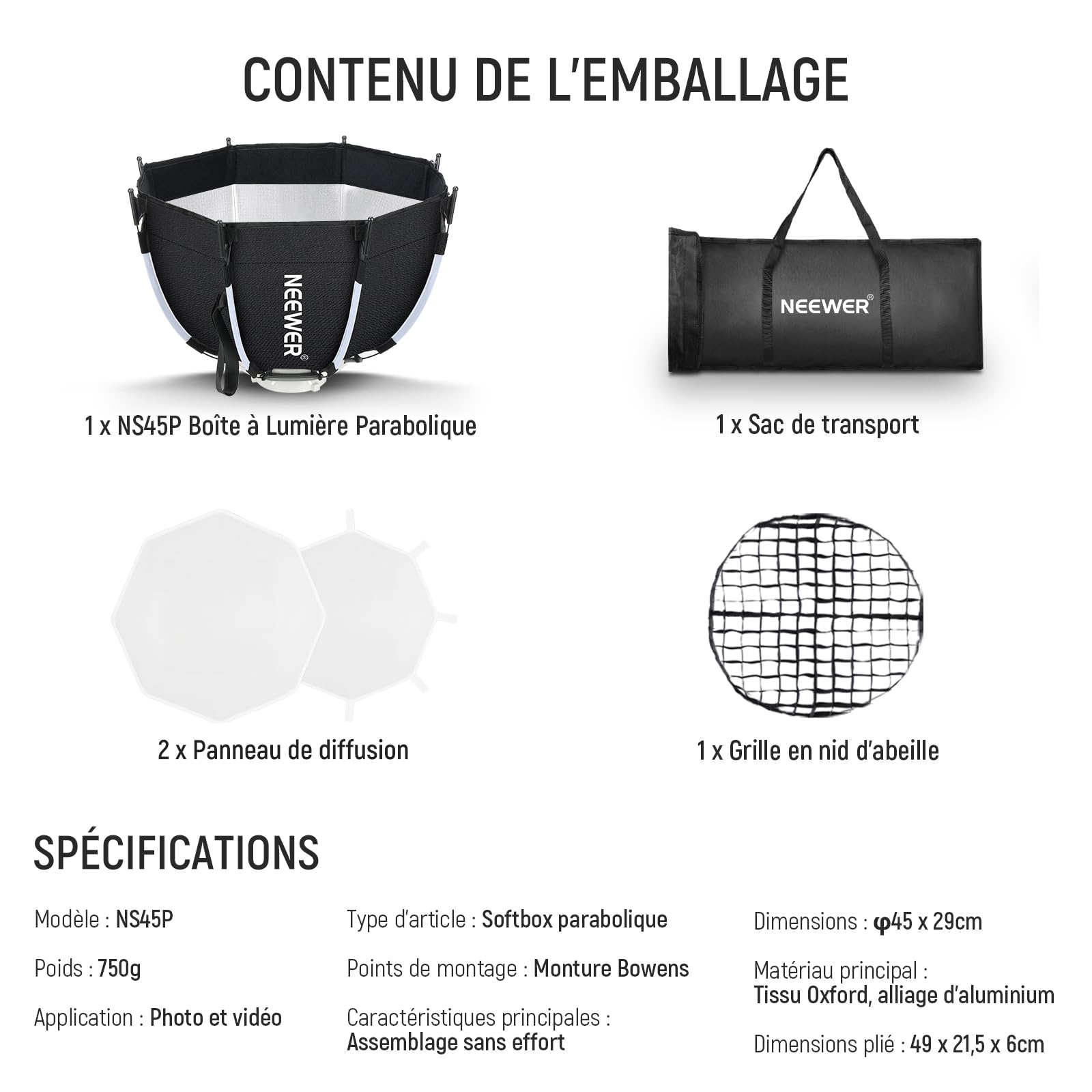 NEEWER Kit boîte à lumière octogonale 45 cm avec diffuseurs de lumière pour Studio de Photographie, Enregistrement vidéo, éclairage en continu, Compatible avec Aputure 120d, Compatible avec Godox