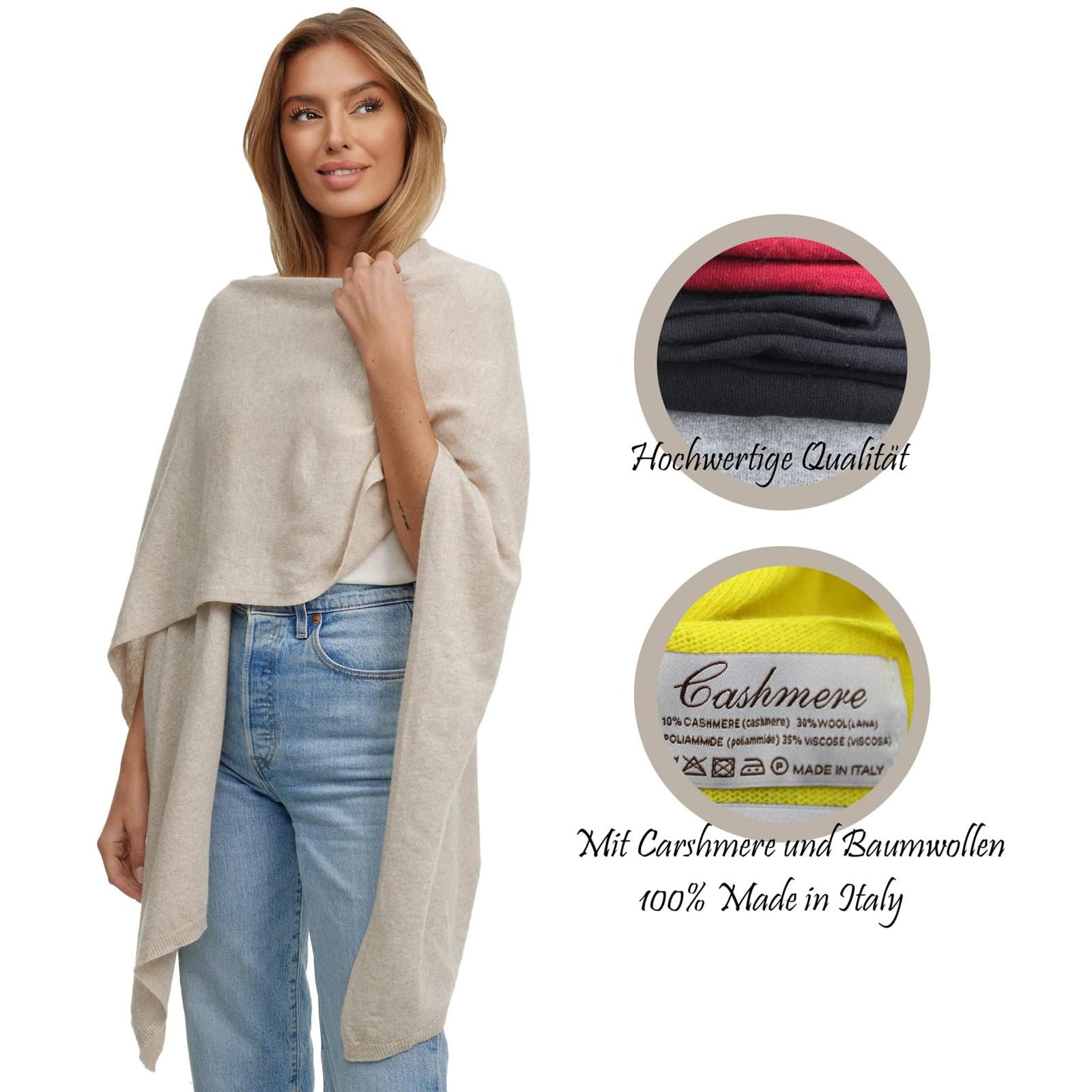 Glamexx24 Poncho Écharpe Femme Toucher Cachemire Cape en Maille Femme Poncho Cardigan XXL Châle pour Printemps et Automne Fabriqué en Italie