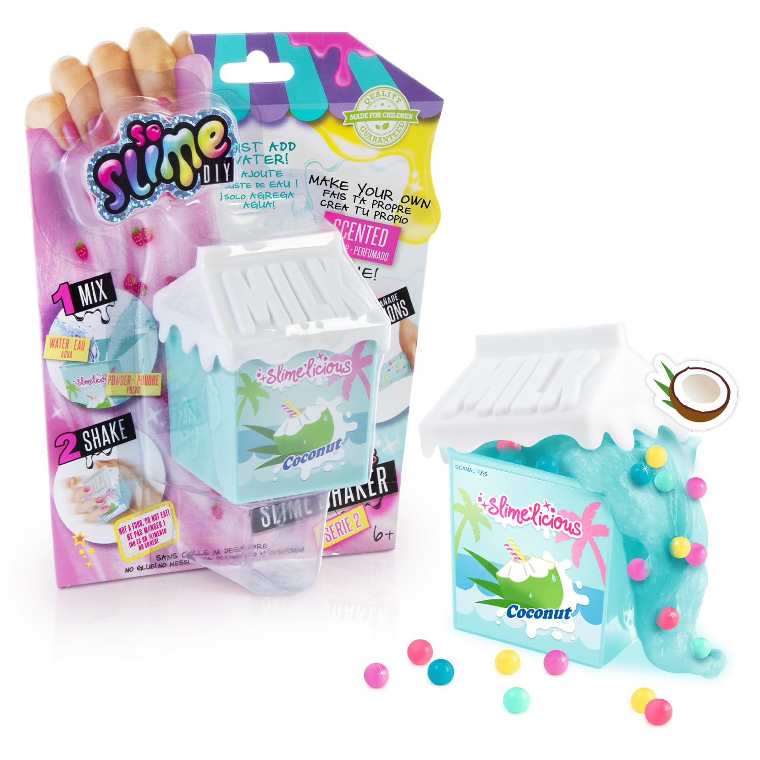 DIY Slimelicious Shaker, Create 3 scented slimes that smell like your favourite treats! Mix the powder with water, shake, & add decorations! Collect all 6!