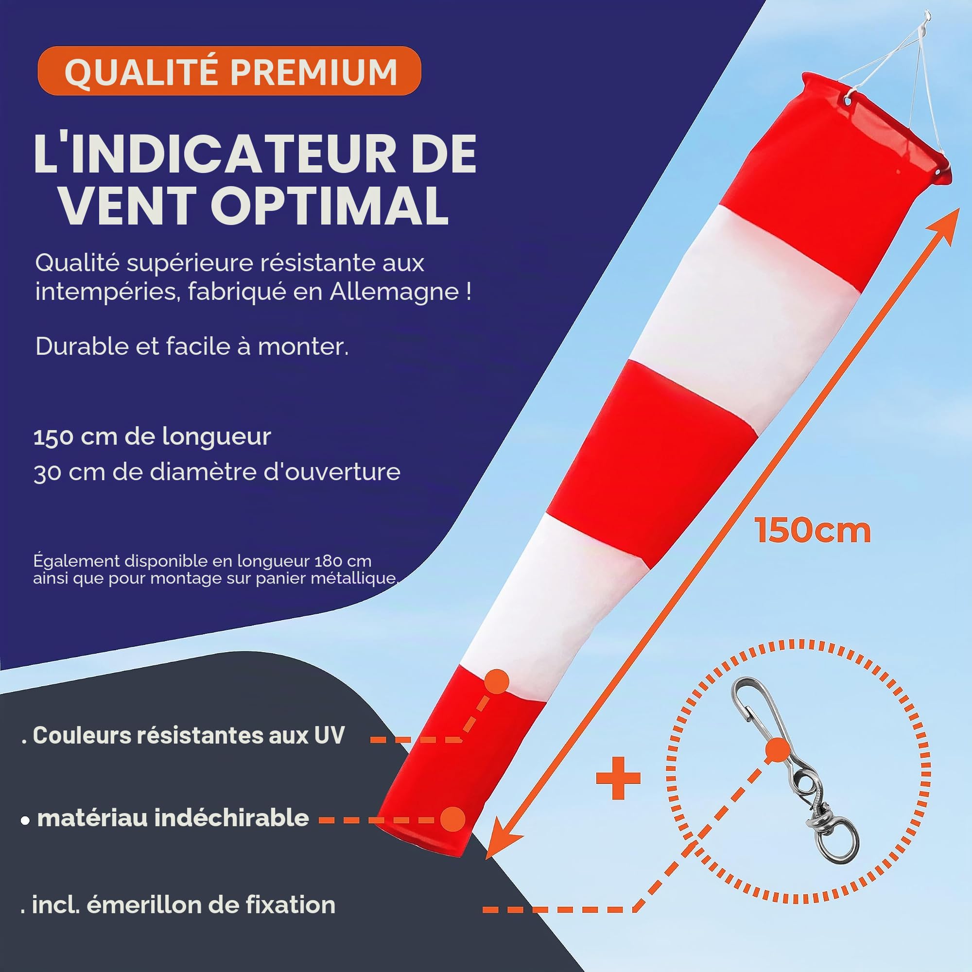Manche à air pour l'extérieur, Indicateur de direction du vent en rouge et blanc (150x30x15 cm avec suspension par câble)