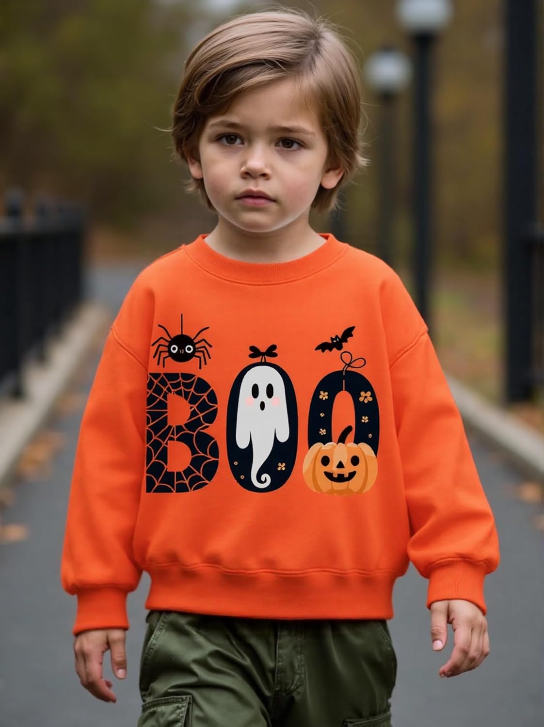 Kids Halloween Sweatshirt Boys Girls Pumpkin Ghost Bat Toddler Shirt Crewneck Long Sleeve Graphic Tops for 2-7T - Image 4