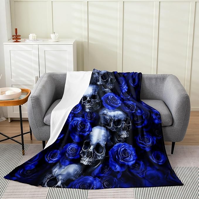 Erosebridal Sugar Skull Blanket 40x50, Blue Rose Microfiber Fleece Blanket for Kids Boys Girls, Nature Floral Decor Throw Blanket for Sofa Bed, Romantic Theme French Style All Seasons Fuzzy Blanket