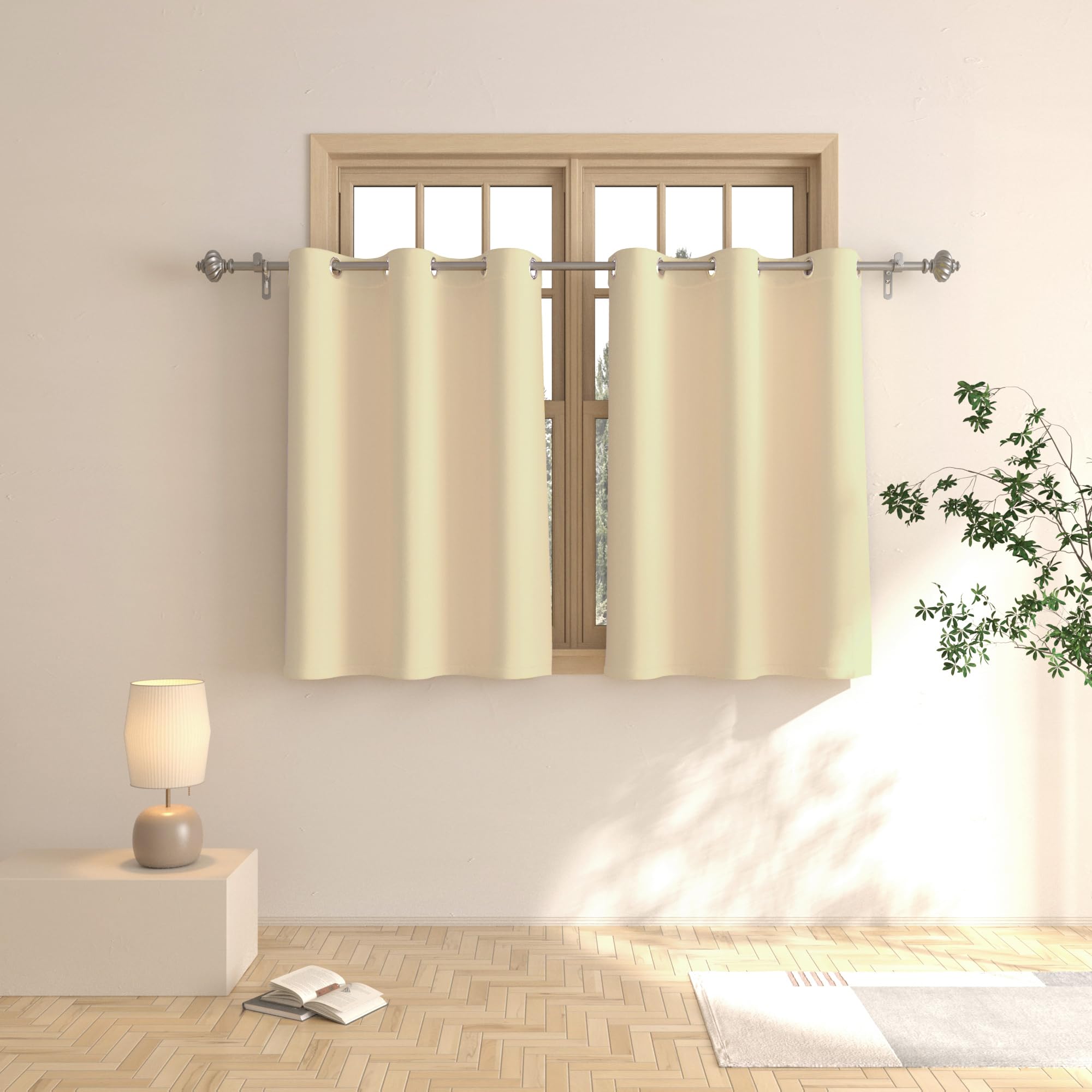 Petits rideaux de cuisine occultants beige contre le vis-à-vis | Lot de 2 de 91 cm