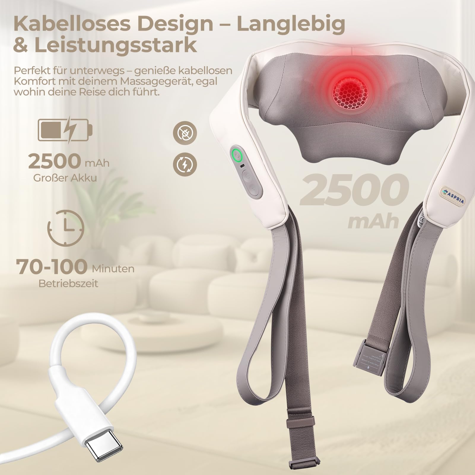 Nackenmassagegerät mit Wärme Kabellos, Shiatsu Massagegerät für Nacken Schulter Rücken, 5D Rollen mit 3 Modi, Freie Hände, Typ-C Tragbares Massagegerät zur Entspannung für Büro Zuhause