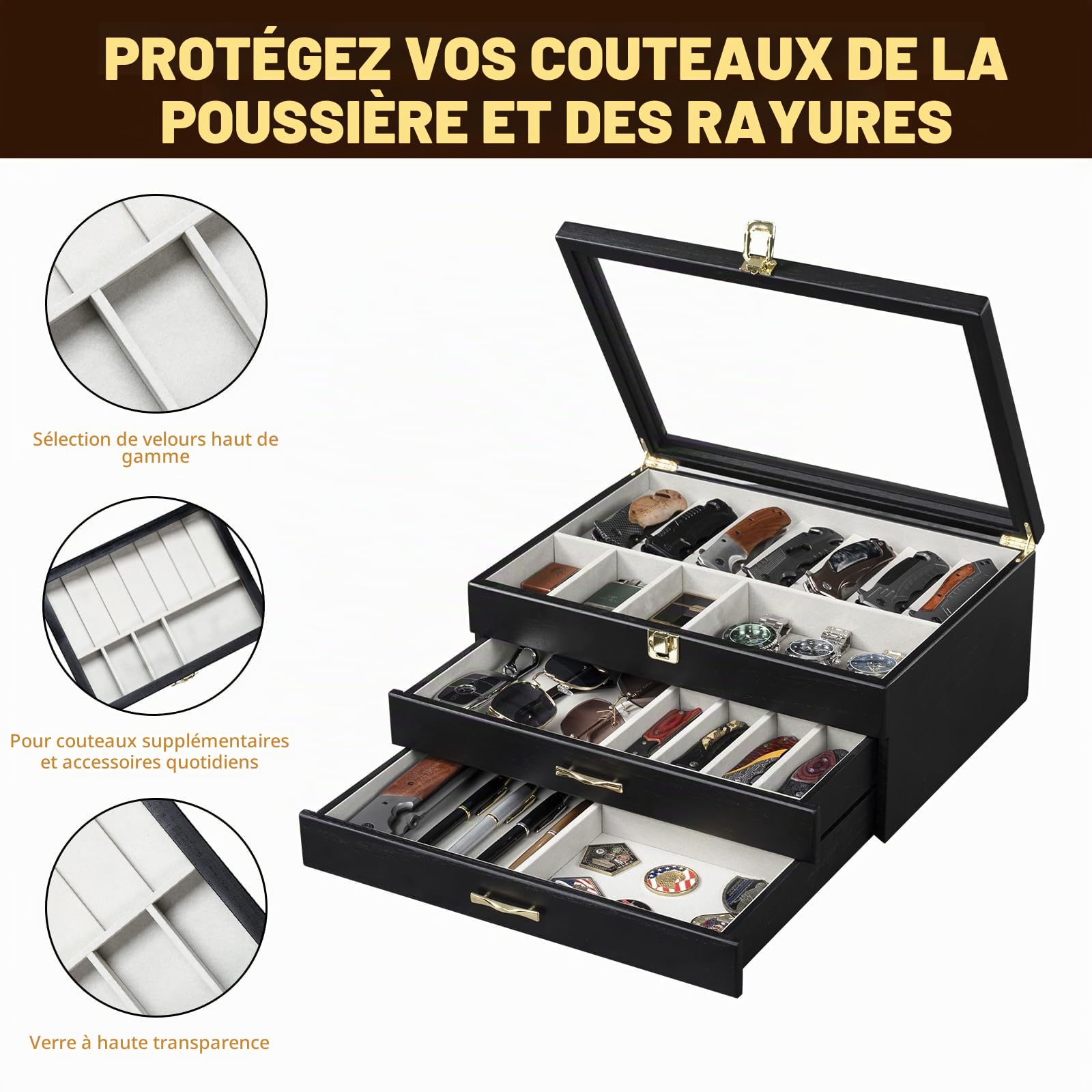 3 Étages Coffret Poignard, Bois Boîte Présentation Poignard pour 30 à 36 Couteaux de Poche, Grande Vitrine à Couteaux avec Vitre Supérieure en Verre Véritable, pour Collection, Cadeau (Noir)