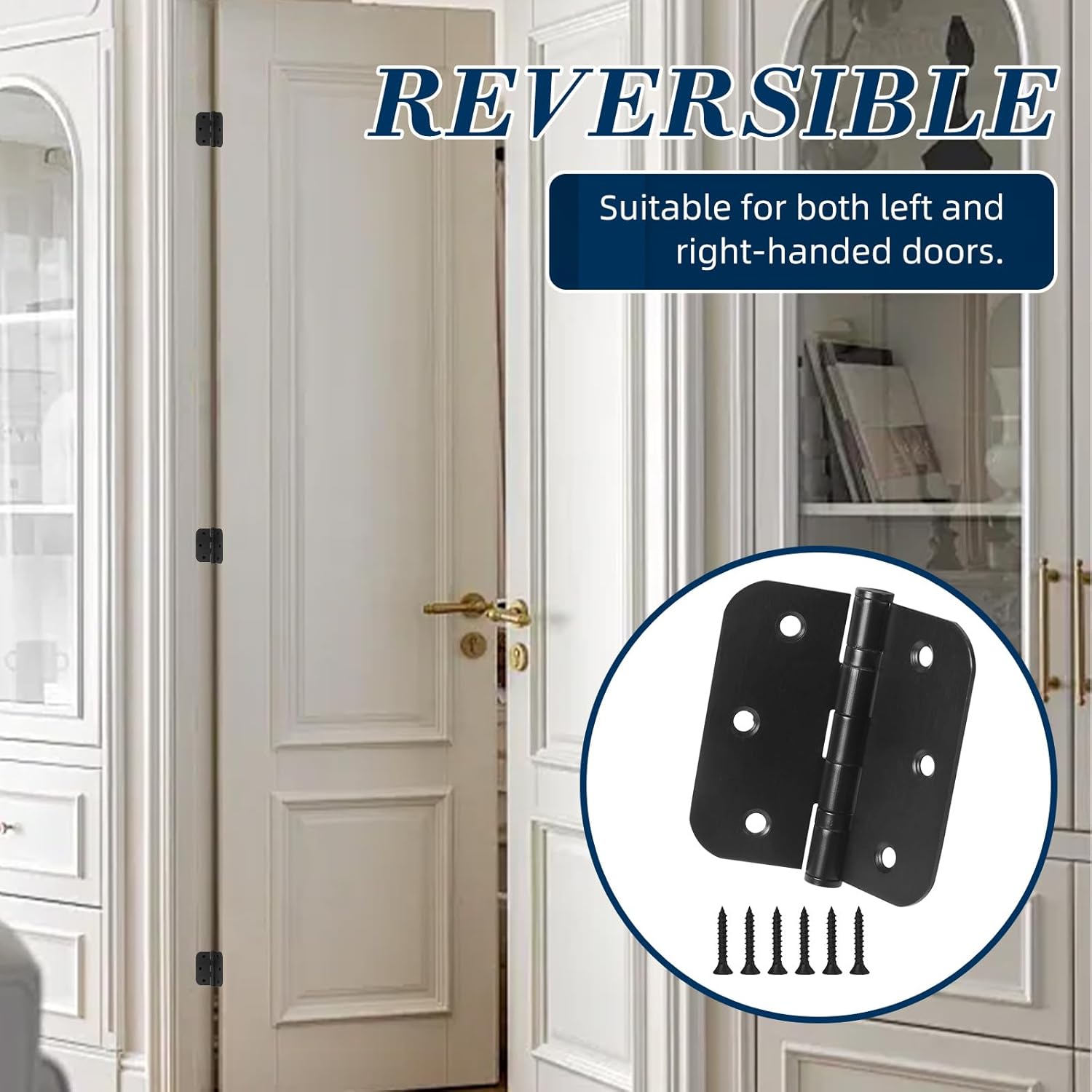 6 Pack 3.5 Inch x 3.5 Inch Door Hinges with 5/8'' Radius Corners, Heavy Duty Ball Bearing Door Hinges with Non Removable Pin, Stainless Steel Hinges for Left and Right Hand Doors (Matte Black)