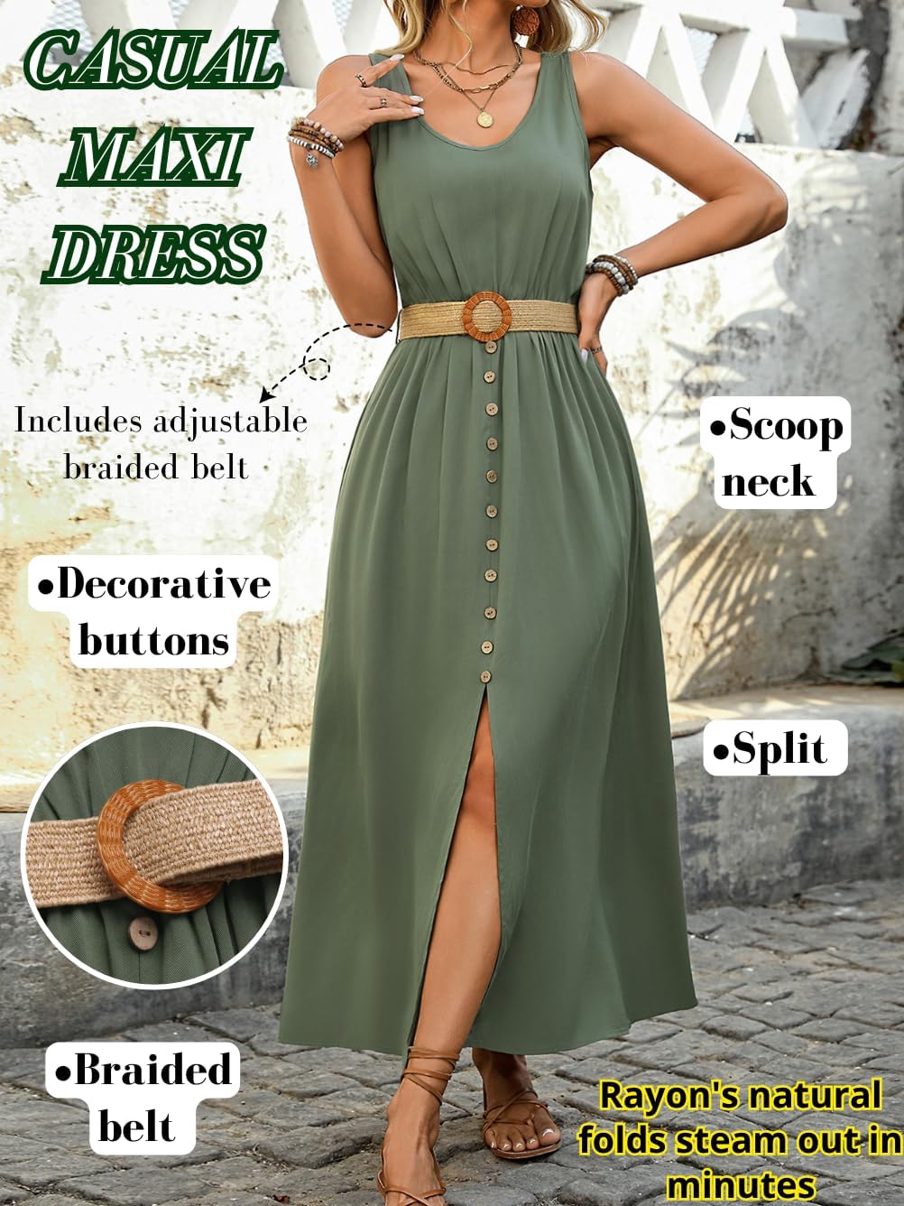 ChiaoLezhee Women's Boho Maxi Dress with Belt,Olive Green,Small - Image 2